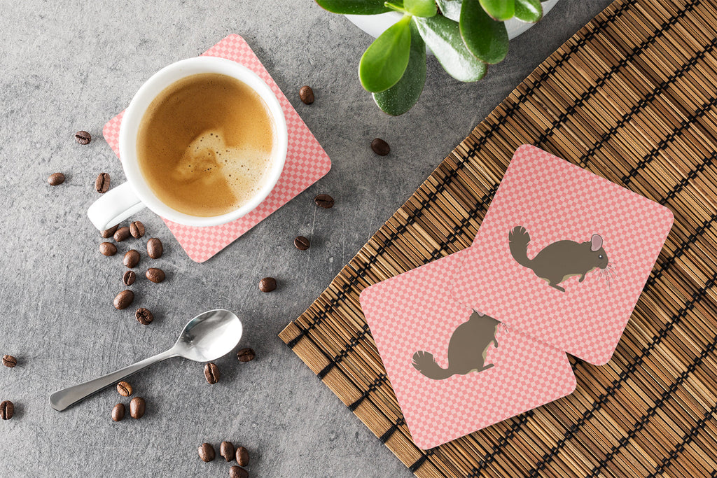 Chinchilla Pink Check Foam Coasters Set of 4 Cup Coasters for Indoor Outdoor, Tabletop Protection, Anti Slip, Mouse pad Material