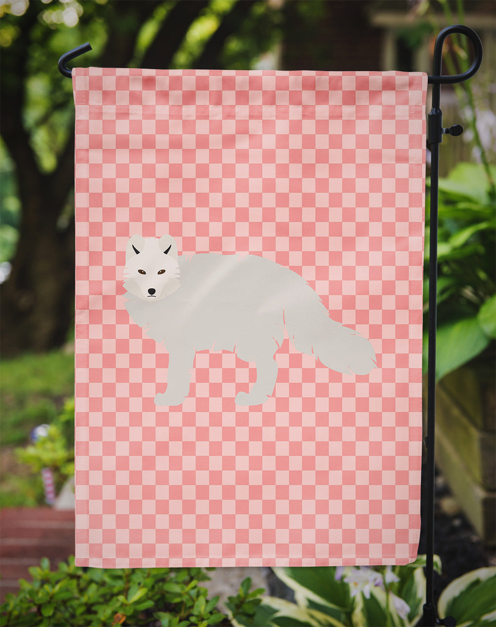 White Arctic Fox Pink Check Garden Flag Mailbox Decorative Yard Banner Outside Patio Artwork for Flower Beds, Garden Size, Multicolor