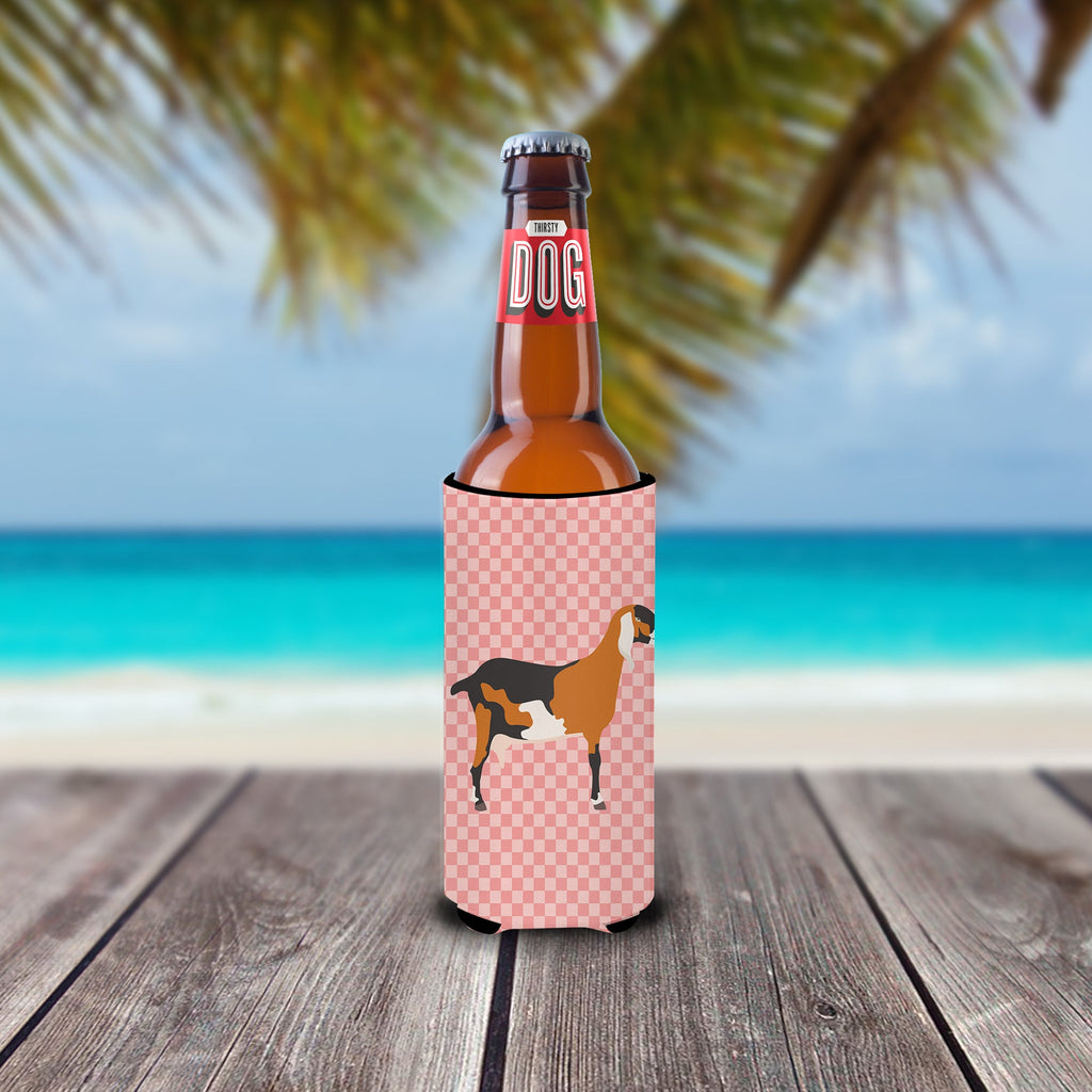 Anglo-nubian Nubian Goat Pink Check Slim Can Hugger , Insulated Foam Hugger for 12 oz Slim Cans, Beer Bottles & Water Bottles, Printed in USA