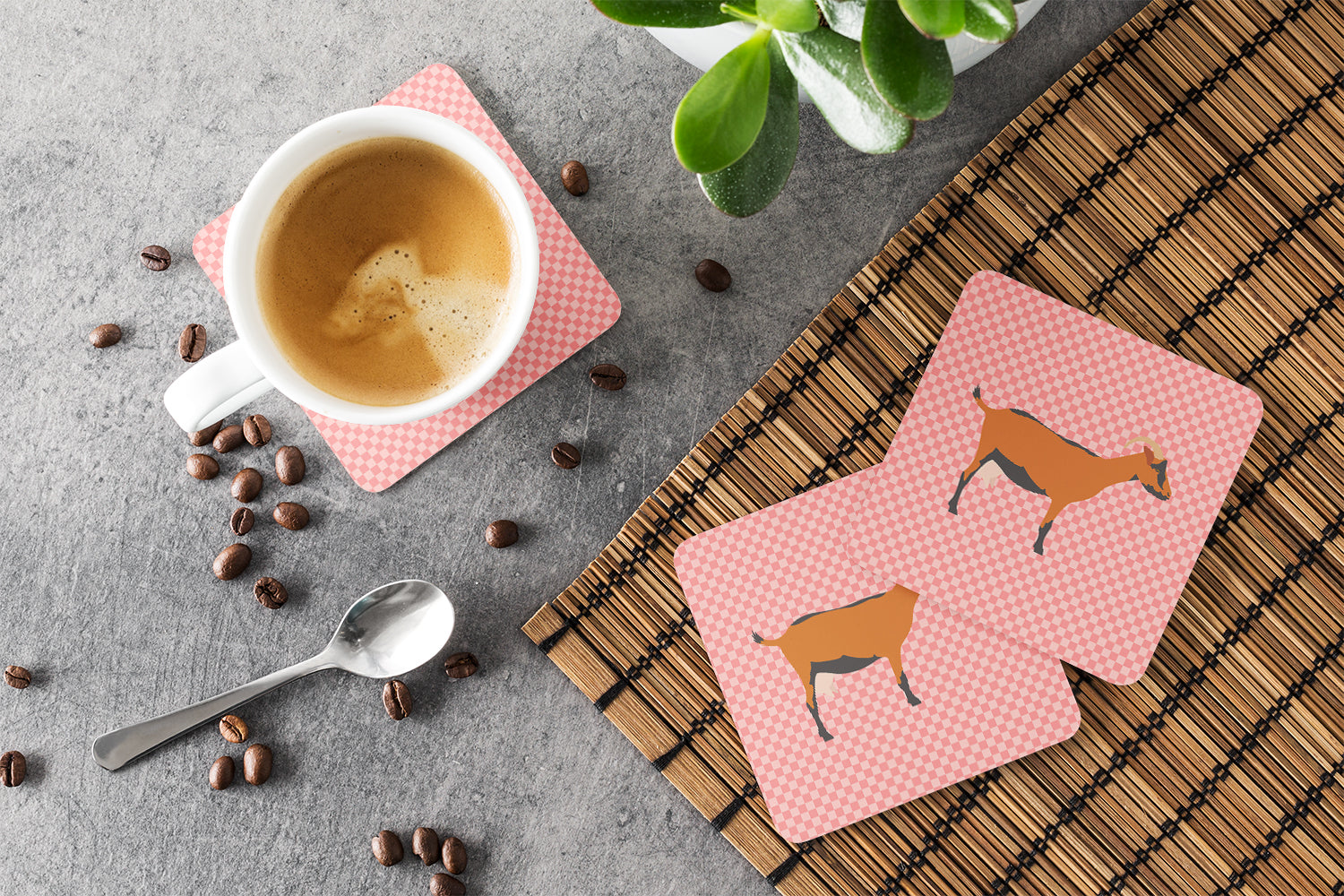 Oberhasli Goat Pink Check Foam Coasters Set of 4 Cup Coasters for Indoor Outdoor, Tabletop Protection, Anti Slip, Mouse pad Material