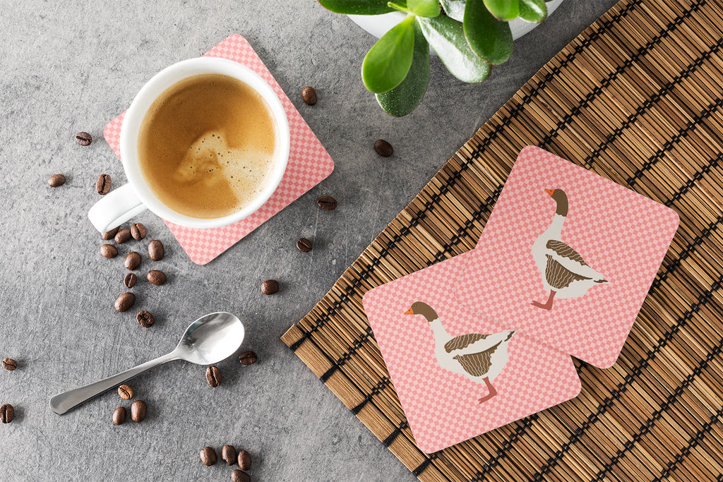 Pomeranian Rogener Goose Pink Check Foam Coasters Set of 4 Cup Coasters for Indoor Outdoor, Tabletop Protection, Anti Slip, Mouse pad Material