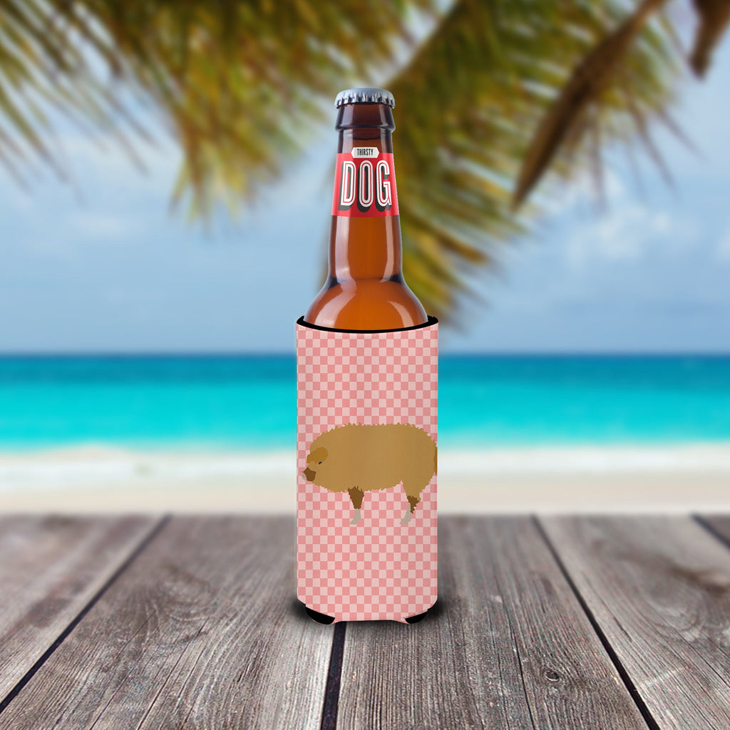 Hungarian Mangalica Pig Pink Check Slim Can Hugger , Insulated Foam Hugger for 12 oz Slim Cans, Beer Bottles & Water Bottles, Printed in USA