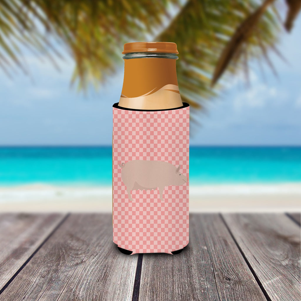 English Large White Pig Pink Check Slim Can Hugger , Insulated Foam Hugger for 12 oz Slim Cans, Beer Bottles & Water Bottles, Printed in USA