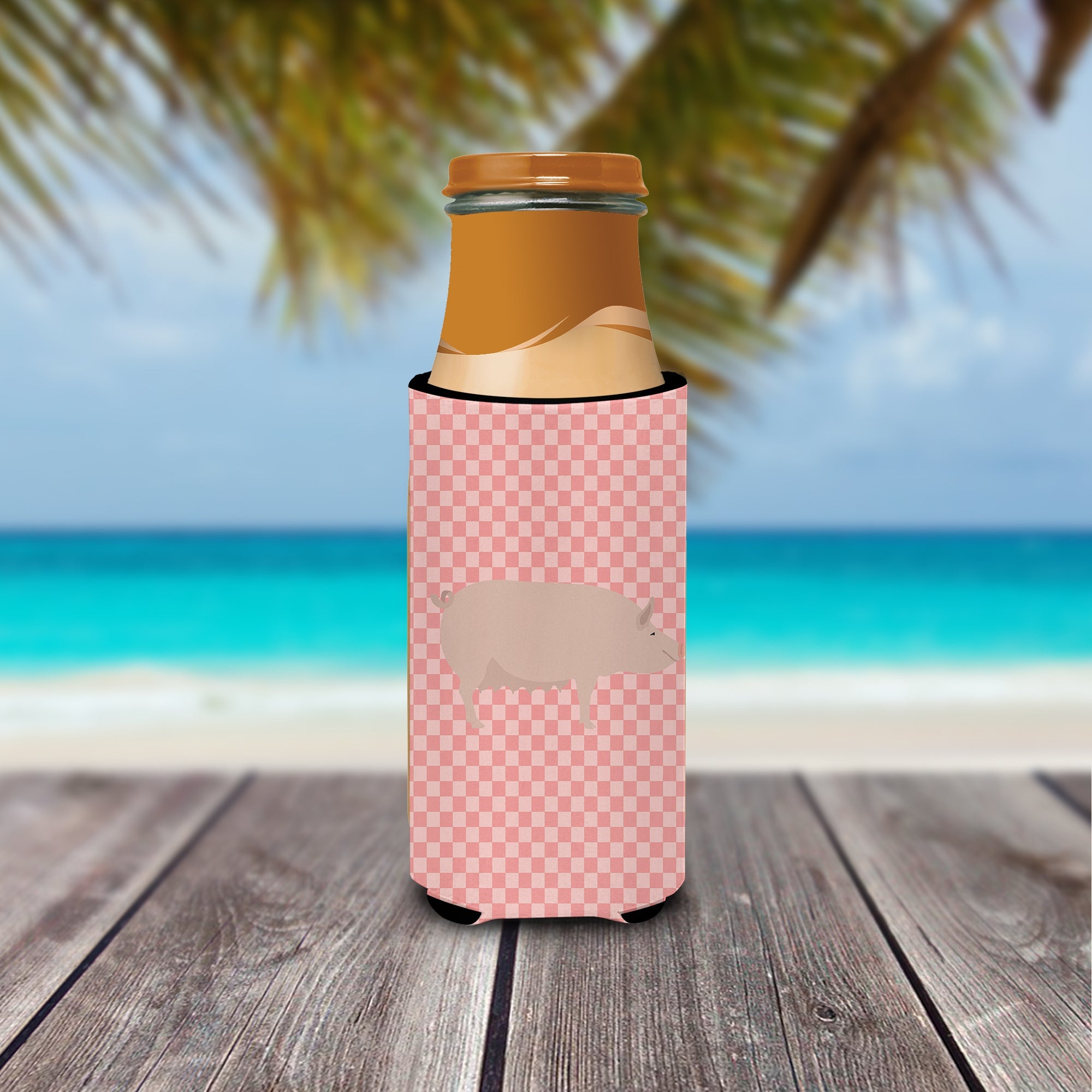 English Large White Pig Pink Check Slim Can Hugger , Insulated Foam Hugger for 12 oz Slim Cans, Beer Bottles & Water Bottles, Printed in USA