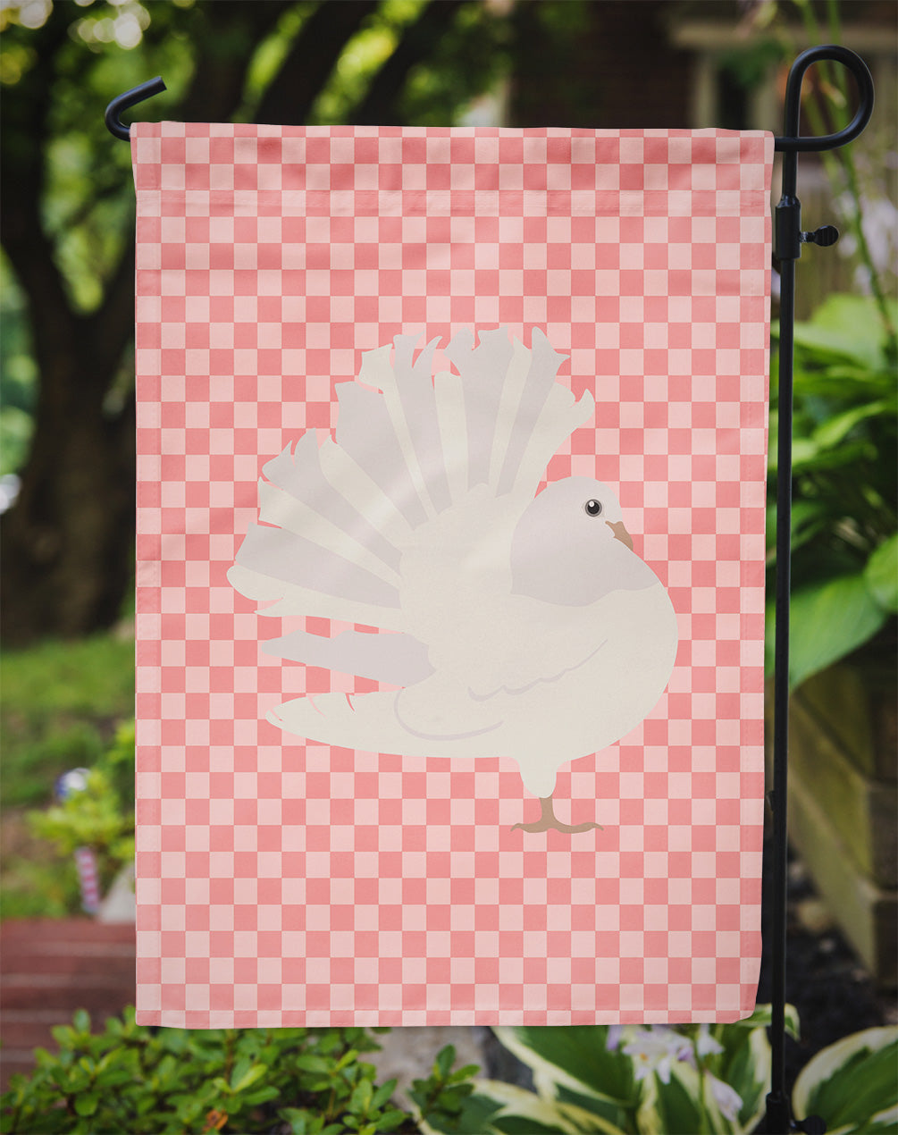 Silver Fantail Pigeon Pink Check Garden Flag Mailbox Decorative Yard Banner Outside Patio Artwork for Flower Beds, Garden Size, Multicolor