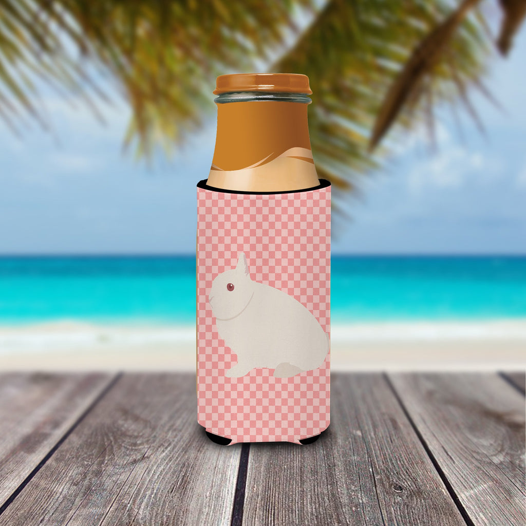 Hermelin Rabbit Pink Check Slim Can Hugger , Insulated Foam Hugger for 12 oz Slim Cans, Beer Bottles & Water Bottles, Printed in USA