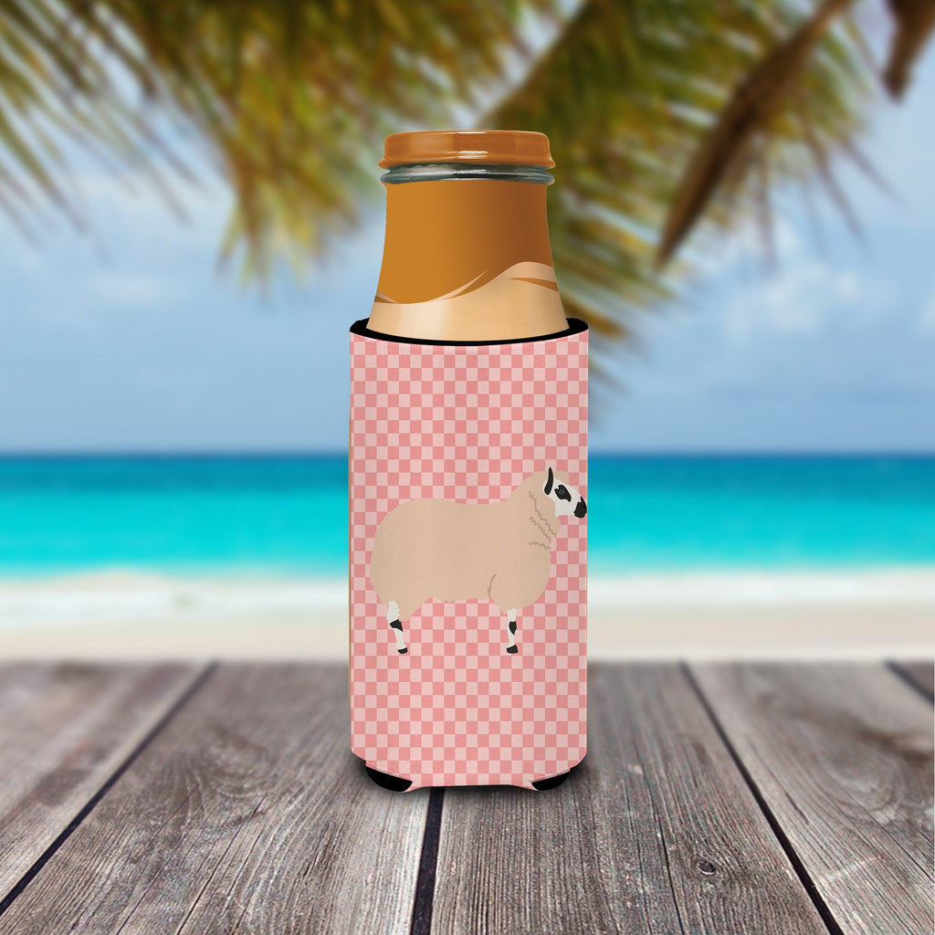 Kerry Hill Sheep Pink Check Slim Can Hugger , Insulated Foam Hugger for 12 oz Slim Cans, Beer Bottles & Water Bottles, Printed in USA