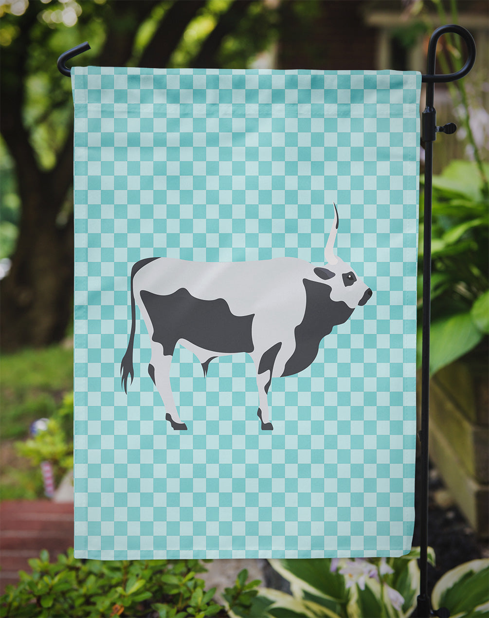 Hungarian Grey Steppe Cow Blue Check Garden Flag Mailbox Decorative Yard Banner Outside Patio Artwork for Flower Beds, Garden Size, Multicolor