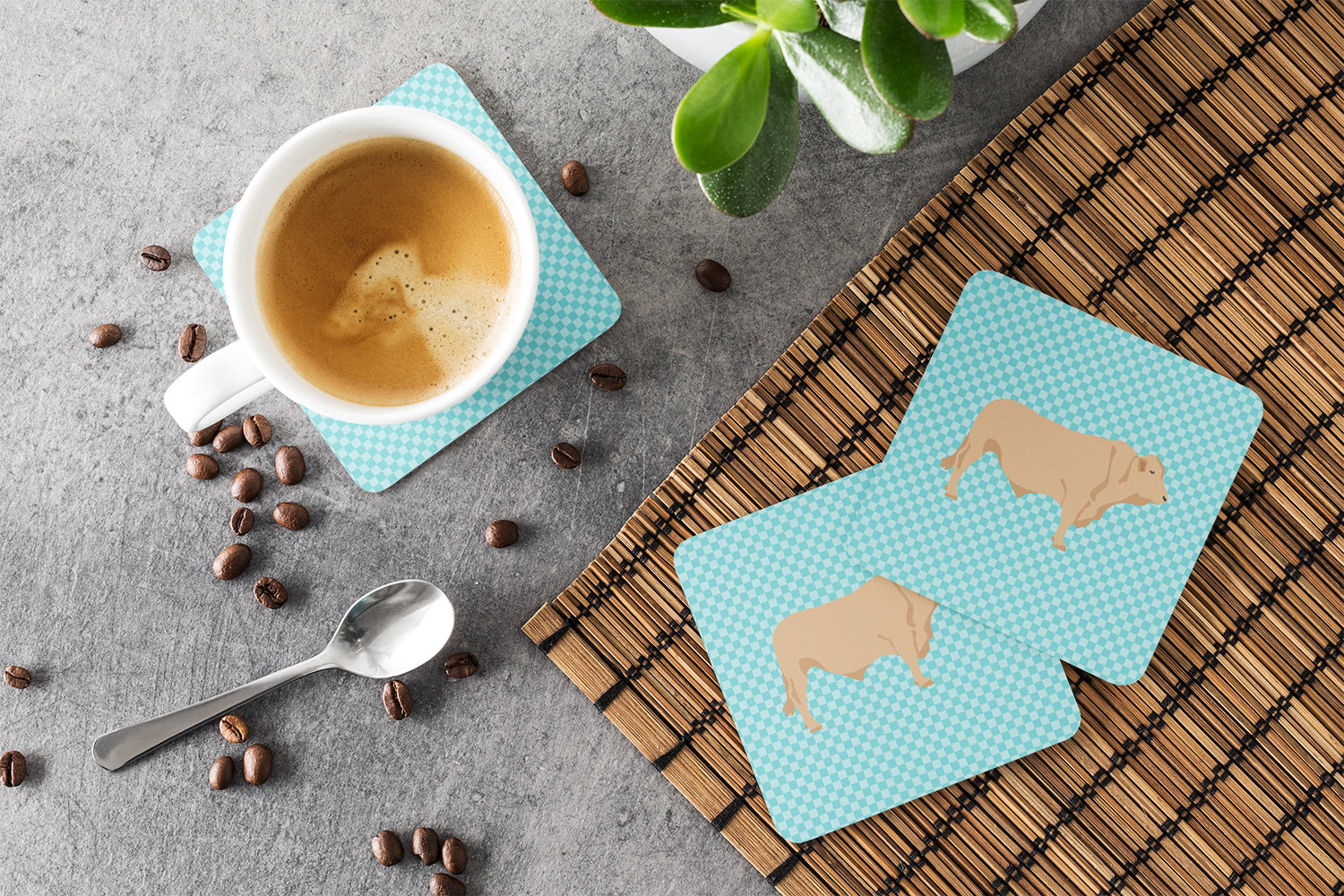 Charolais Cow Blue Check Foam Coasters Set of 4 Cup Coasters for Indoor Outdoor, Tabletop Protection, Anti Slip, Mouse pad Material