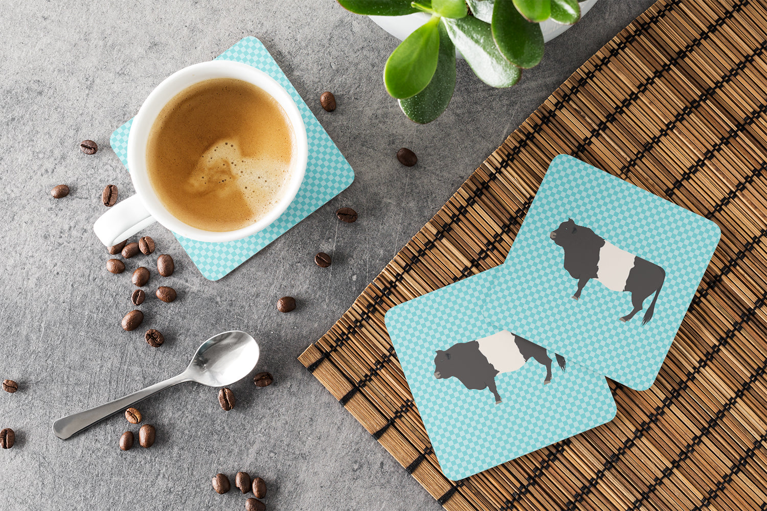 Belted Galloway Cow Blue Check Foam Coasters Set of 4 Cup Coasters for Indoor Outdoor, Tabletop Protection, Anti Slip, Mouse pad Material