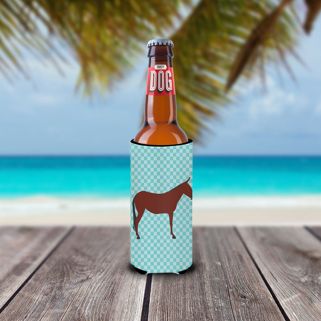 Hinny Horse Donkey Blue Check Slim Can Hugger , Insulated Foam Hugger for 12 oz Slim Cans, Beer Bottles & Water Bottles, Printed in USA
