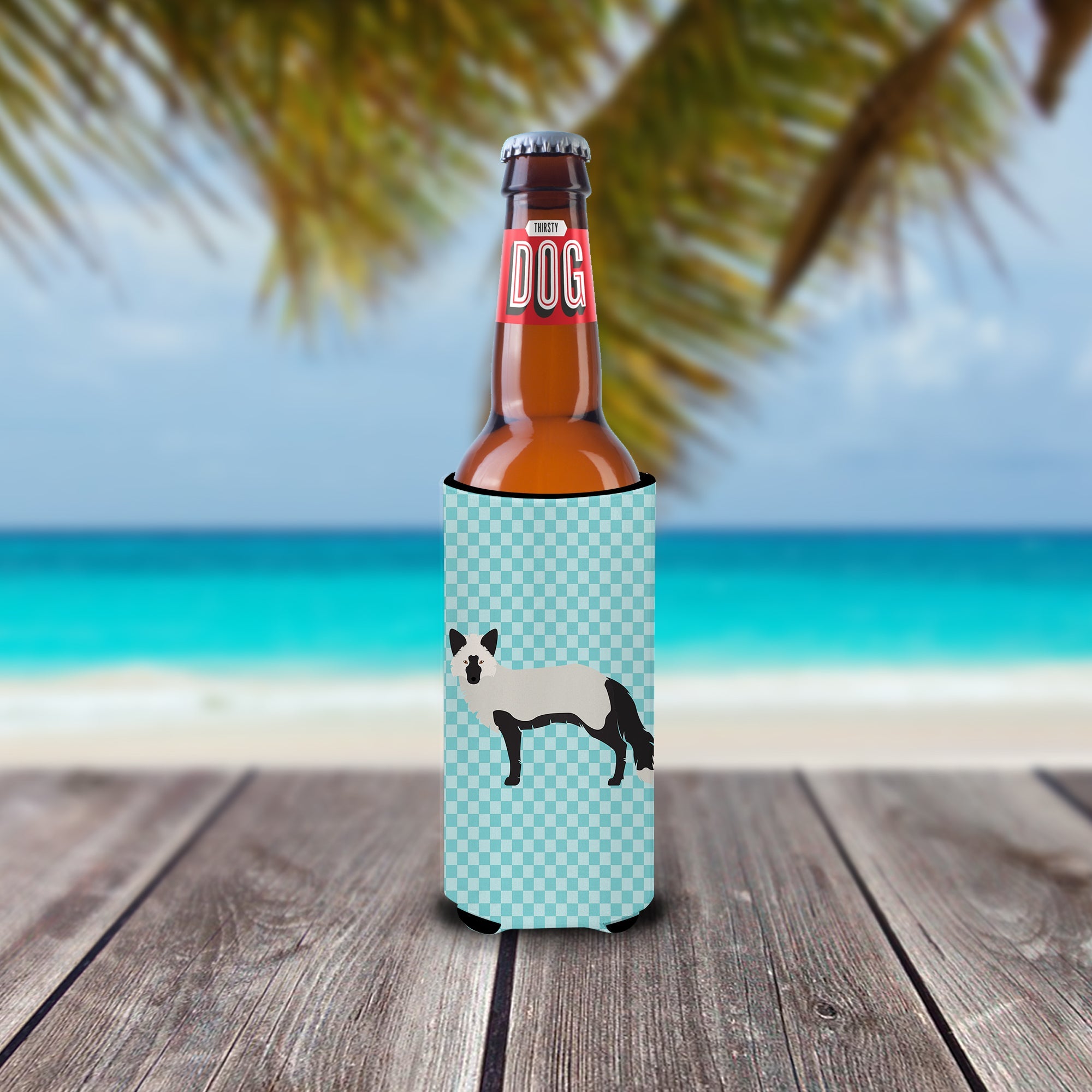 Silver Fox Blue Check Slim Can Hugger , Insulated Foam Hugger for 12 oz Slim Cans, Beer Bottles & Water Bottles, Printed in USA