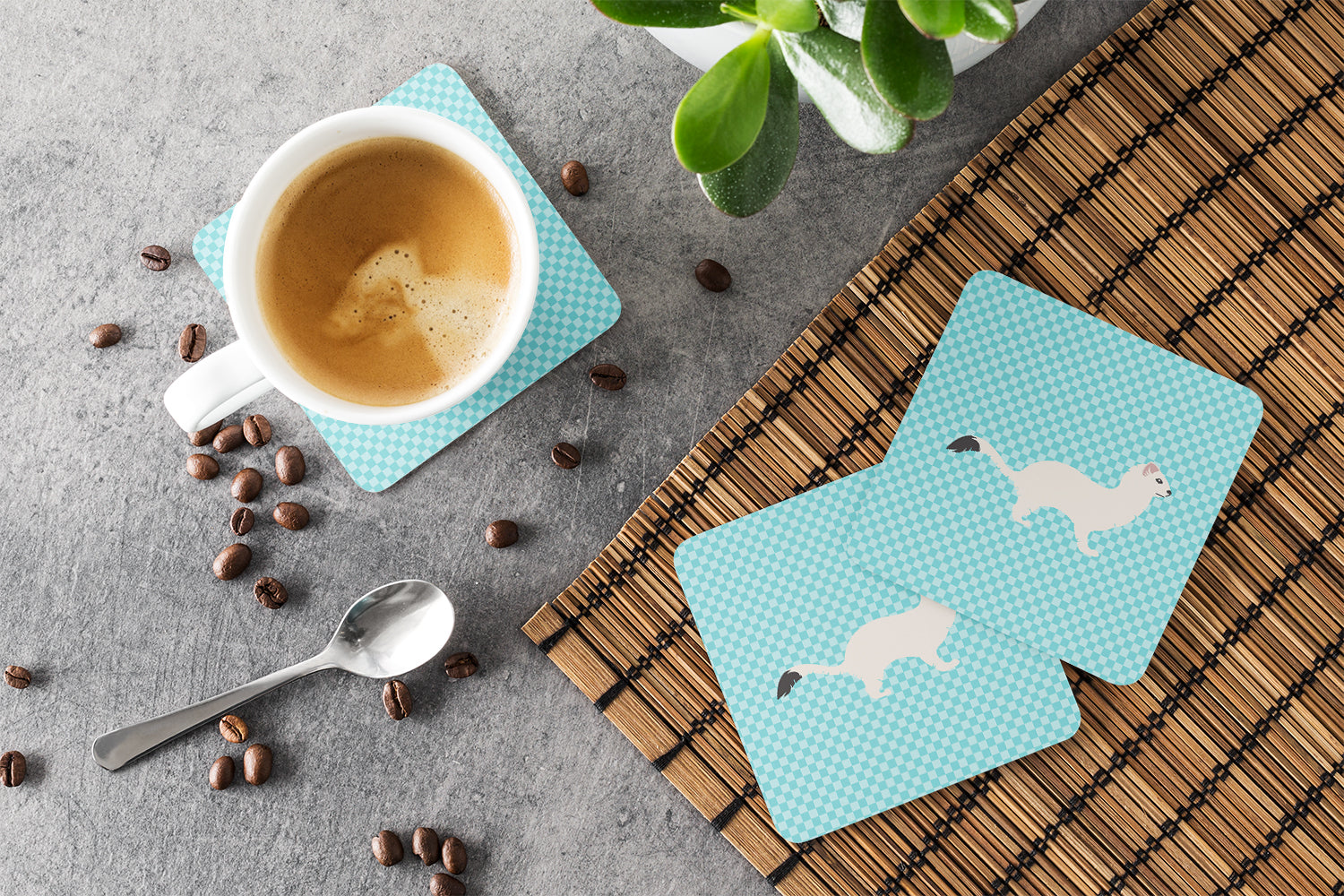 Stoat Short-tailed Weasel Blue Check Foam Coasters Set of 4 Cup Coasters for Indoor Outdoor, Tabletop Protection, Anti Slip, Mouse pad Material