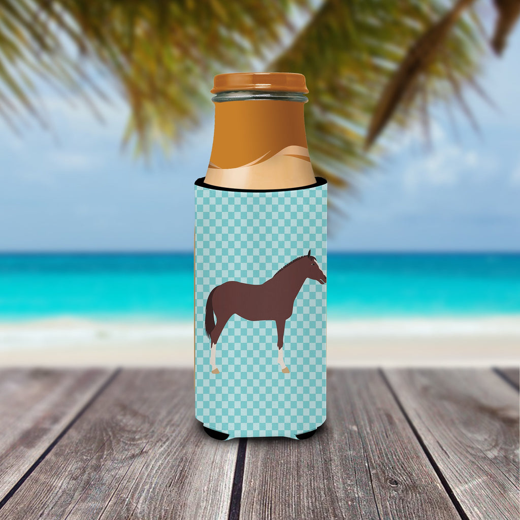 English Thoroughbred Horse Blue Check Slim Can Hugger , Insulated Foam Hugger for 12 oz Slim Cans, Beer Bottles & Water Bottles, Printed in USA