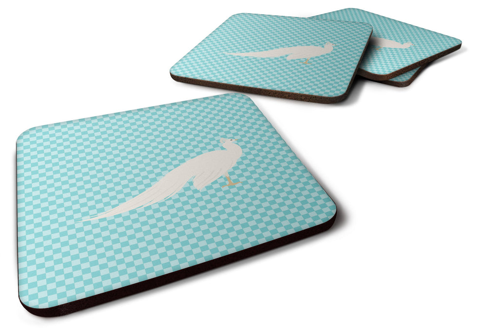 White Peacock Peafowl Blue Check Foam Coasters Set of 4 Cup Coasters for Indoor Outdoor, Tabletop Protection, Anti Slip, Mouse pad Material