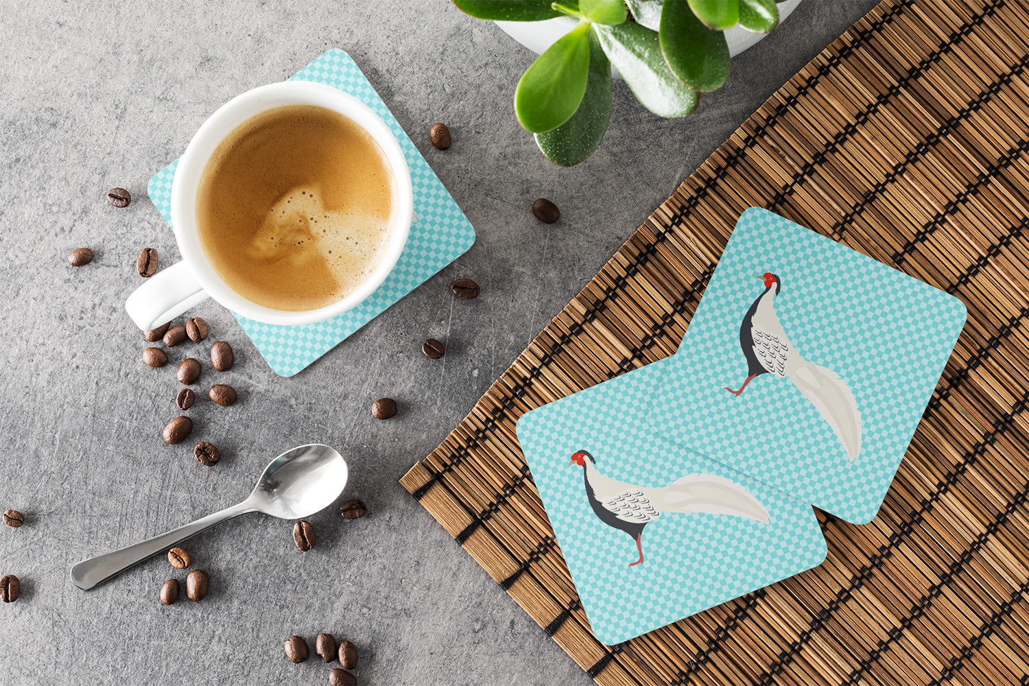 Silver Pheasant Blue Check Foam Coasters Set of 4 Cup Coasters for Indoor Outdoor, Tabletop Protection, Anti Slip, Mouse pad Material