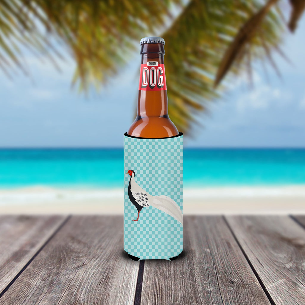 Silver Pheasant Blue Check Slim Can Hugger , Insulated Foam Hugger for 12 oz Slim Cans, Beer Bottles & Water Bottles, Printed in USA
