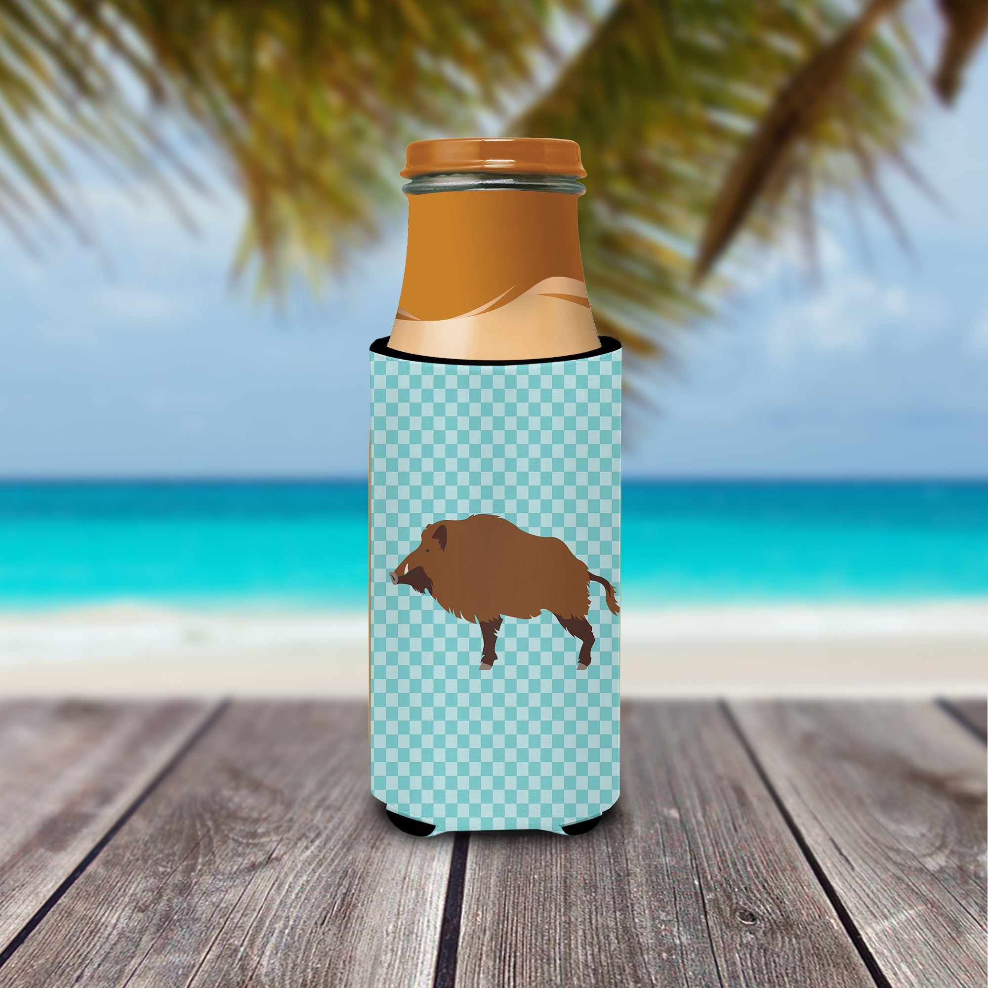 Wild Boar Pig Blue Check Slim Can Hugger , Insulated Foam Hugger for 12 oz Slim Cans, Beer Bottles & Water Bottles, Printed in USA
