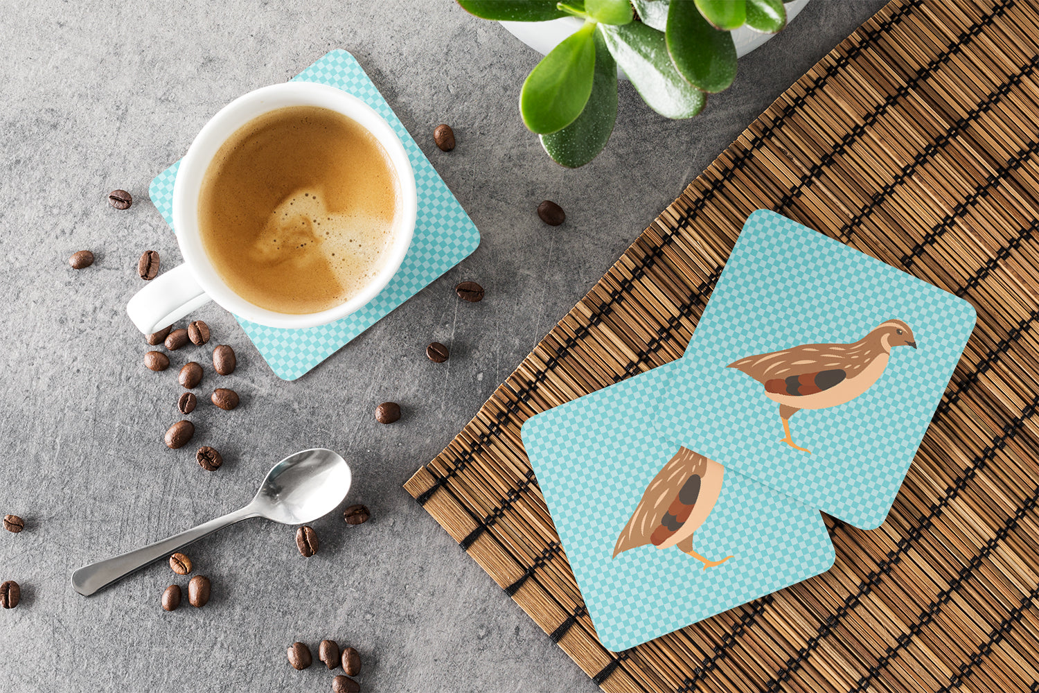 Golden Phoenix Quail Blue Check Foam Coasters Set of 4 Cup Coasters for Indoor Outdoor, Tabletop Protection, Anti Slip, Mouse pad Material