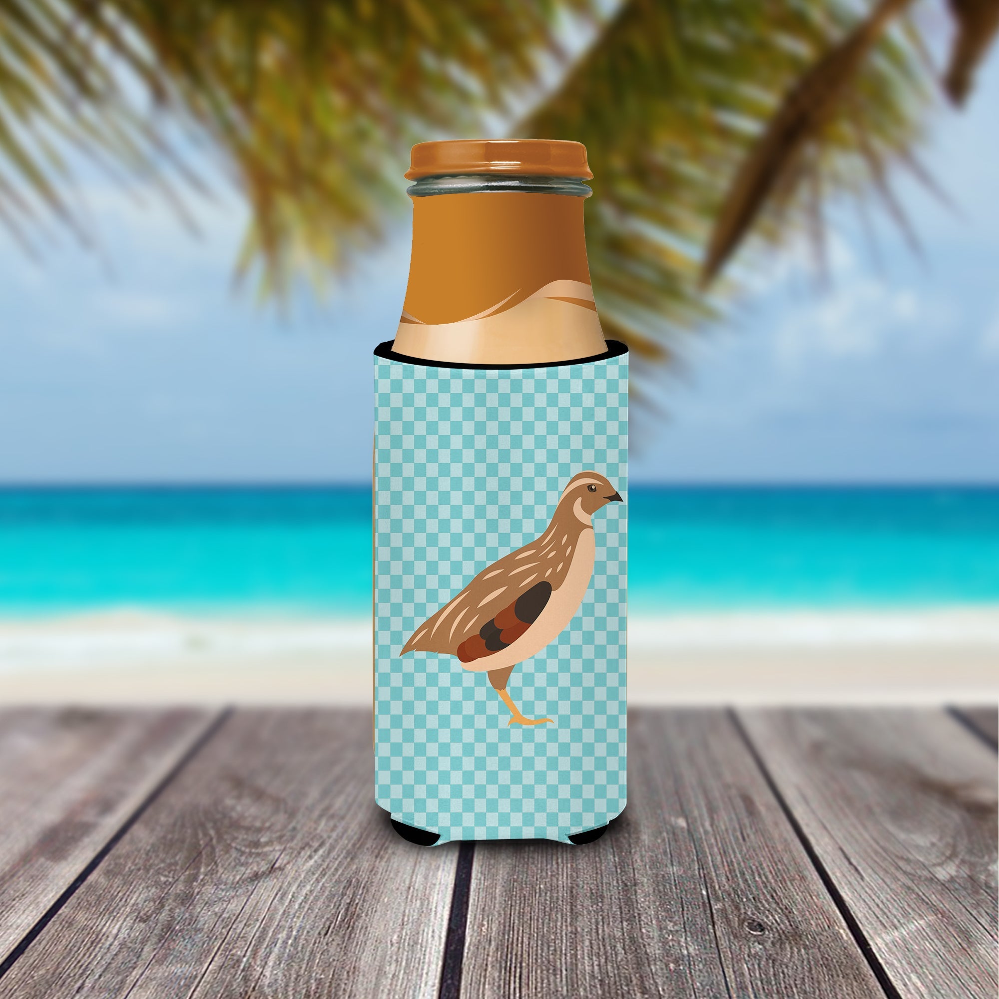 Golden Phoenix Quail Blue Check Slim Can Hugger , Insulated Foam Hugger for 12 oz Slim Cans, Beer Bottles & Water Bottles, Printed in USA