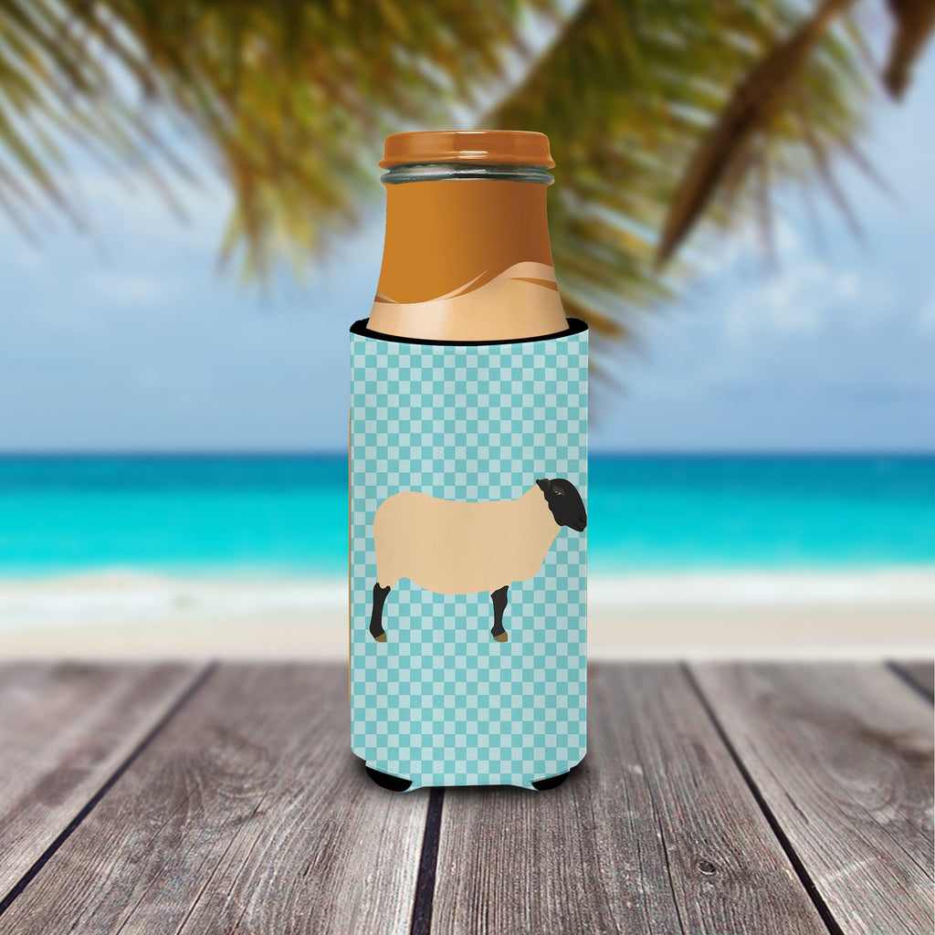 Suffolk Sheep Blue Check Slim Can Hugger , Insulated Foam Hugger for 12 oz Slim Cans, Beer Bottles & Water Bottles, Printed in USA