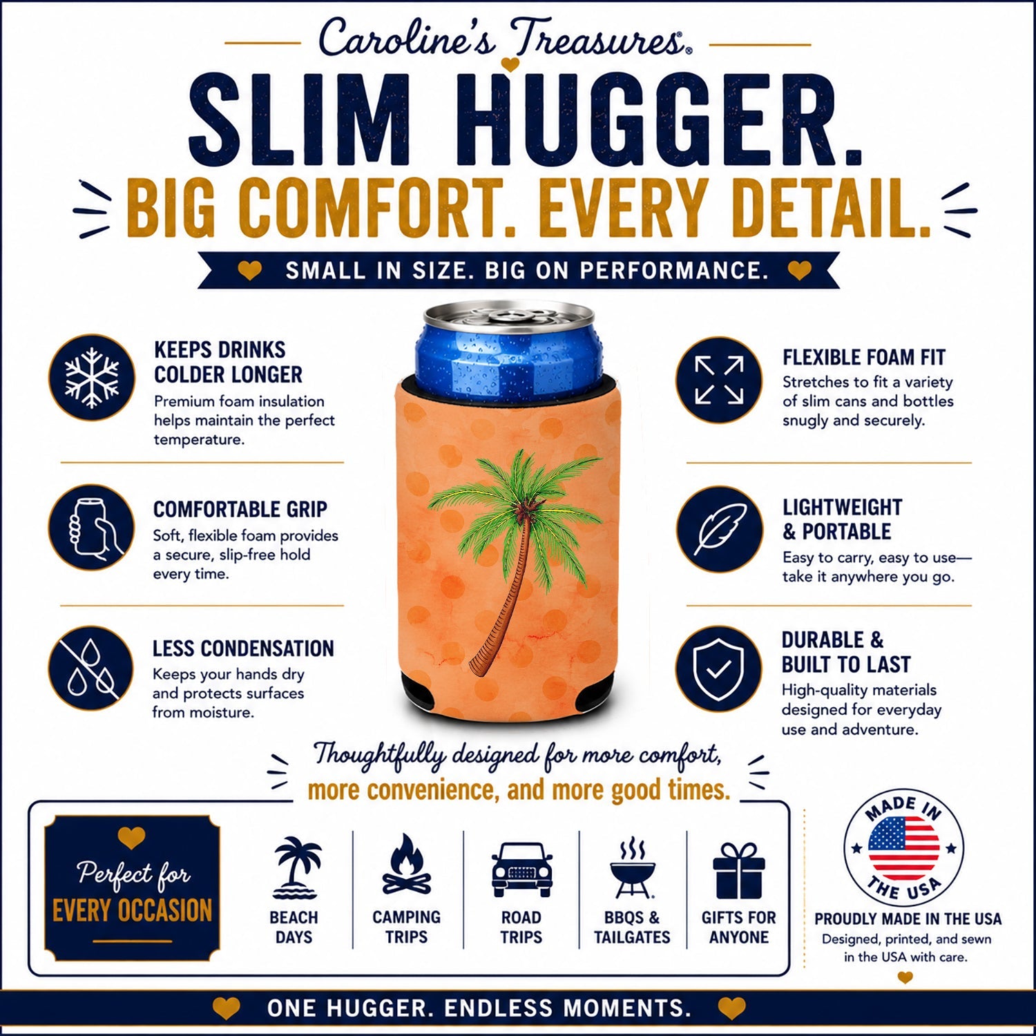 Palm Tree Orange Polkadot Slim Can Hugger  Insulated Foam Sleeve for 12 oz Slim Cans, Beer Bottles & Water Bottles, Made in USA