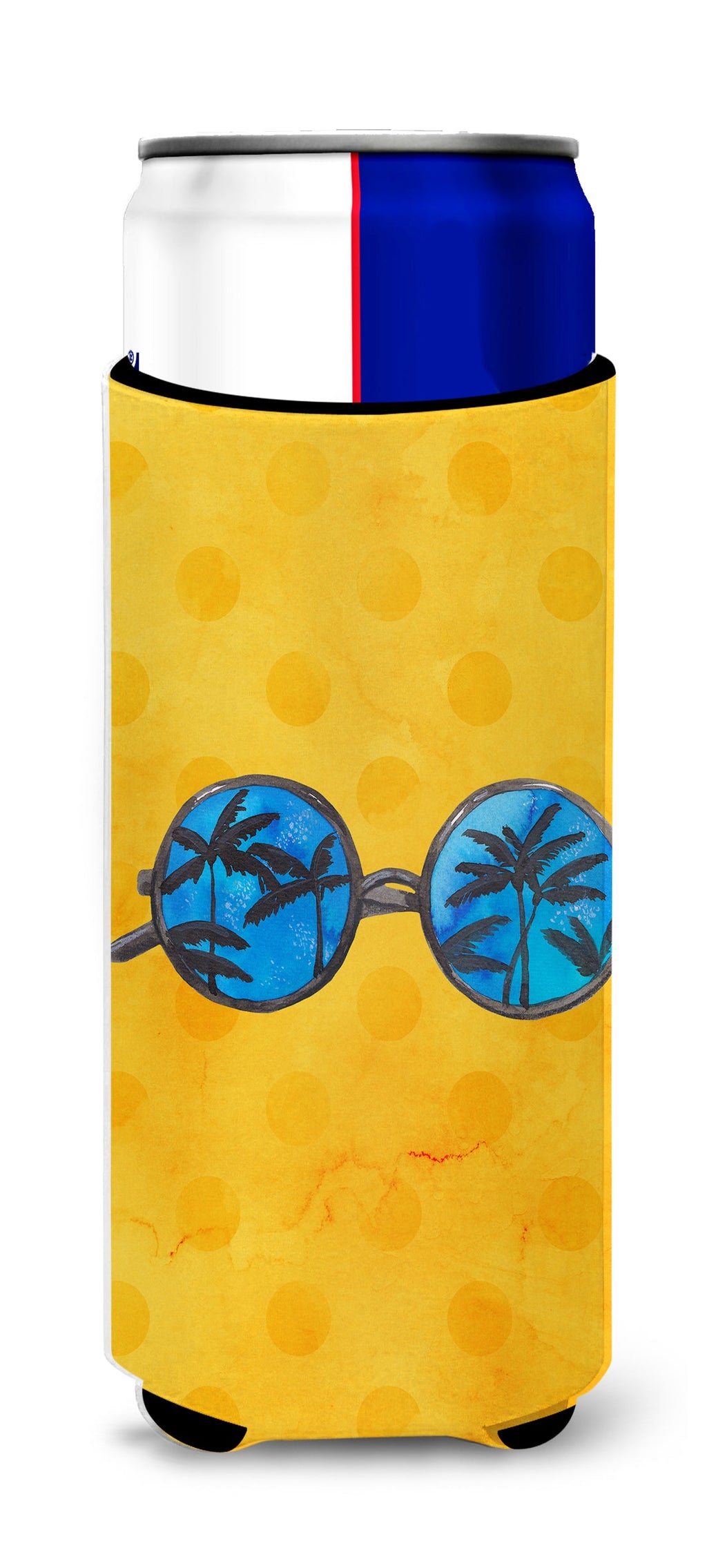 Sunglasses Yellow Polkadot Slim Can Hugger , Insulated Foam Hugger for 12 oz Slim Cans, Beer Bottles & Water Bottles, Printed in USA