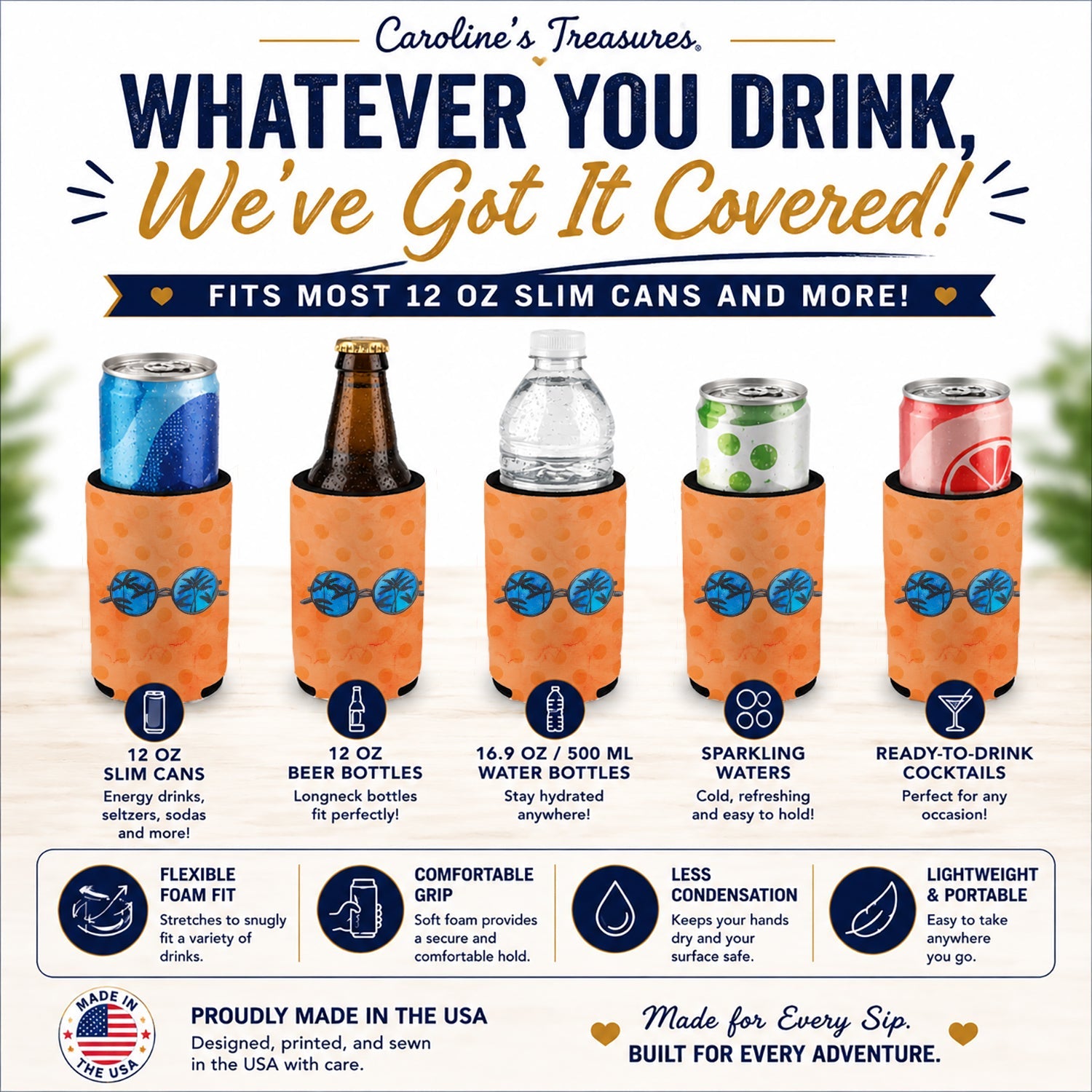 Sunglasses Orange Polkadot Slim Can Hugger  Insulated Foam Sleeve for 12 oz Slim Cans, Beer Bottles & Water Bottles, Made in USA