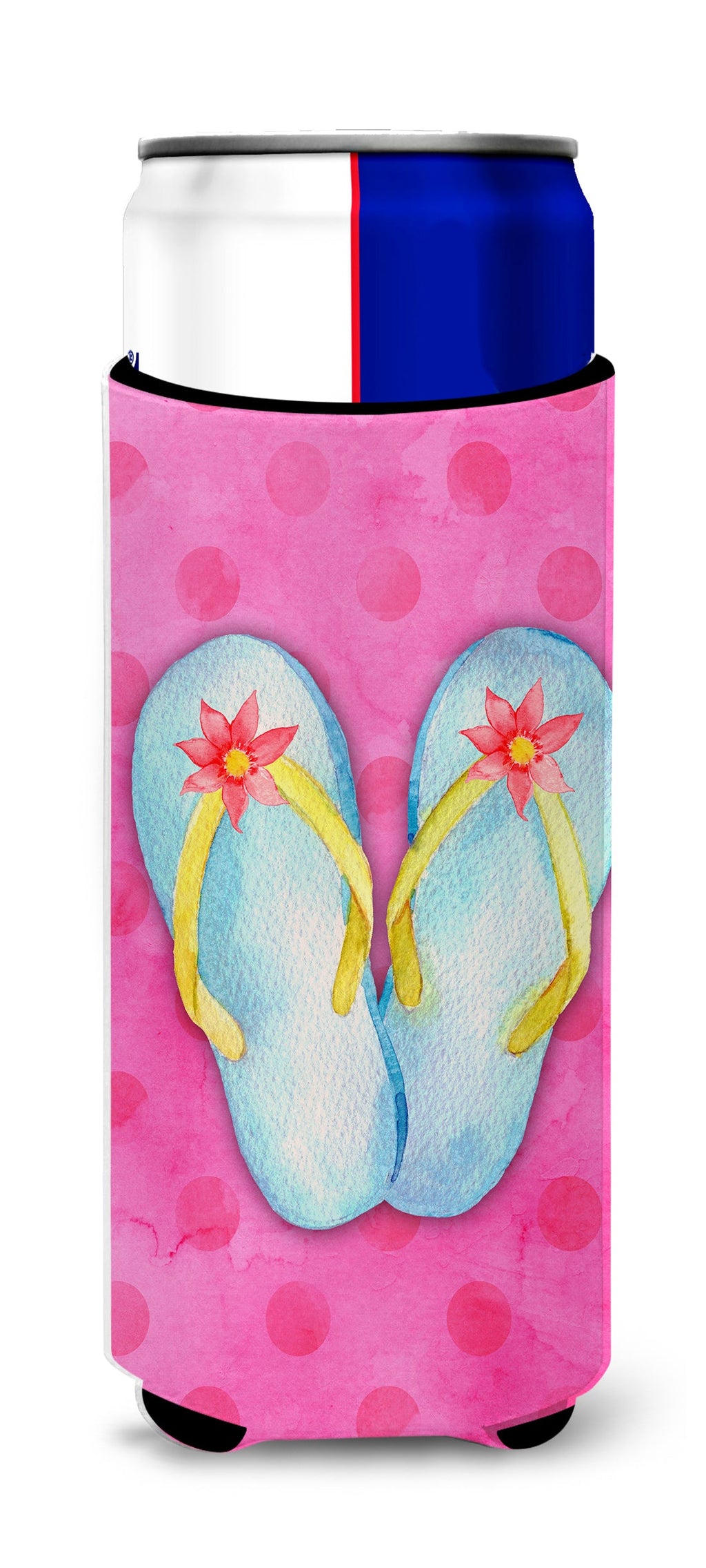 Flip Flops Pink Polkadot Slim Can Hugger , Insulated Foam Hugger for 12 oz Slim Cans, Beer Bottles & Water Bottles, Printed in USA