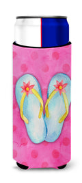 Flip Flops Pink Polkadot Slim Can Hugger , Insulated Foam Hugger for 12 oz Slim Cans, Beer Bottles & Water Bottles, Printed in USA