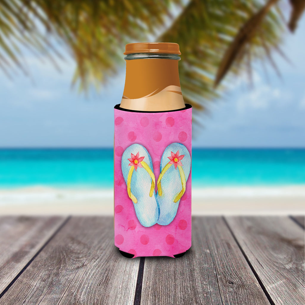 Flip Flops Pink Polkadot Slim Can Hugger , Insulated Foam Hugger for 12 oz Slim Cans, Beer Bottles & Water Bottles, Printed in USA