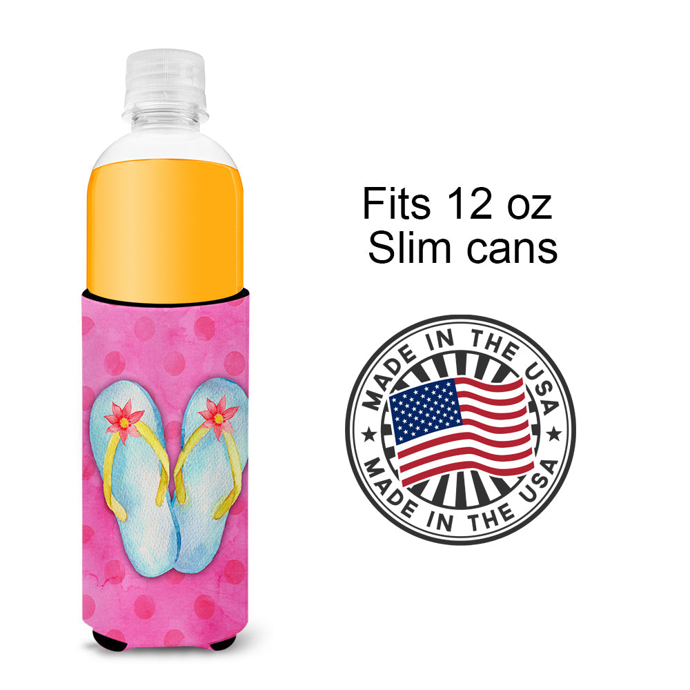 Flip Flops Pink Polkadot Slim Can Hugger , Insulated Foam Hugger for 12 oz Slim Cans, Beer Bottles & Water Bottles, Printed in USA