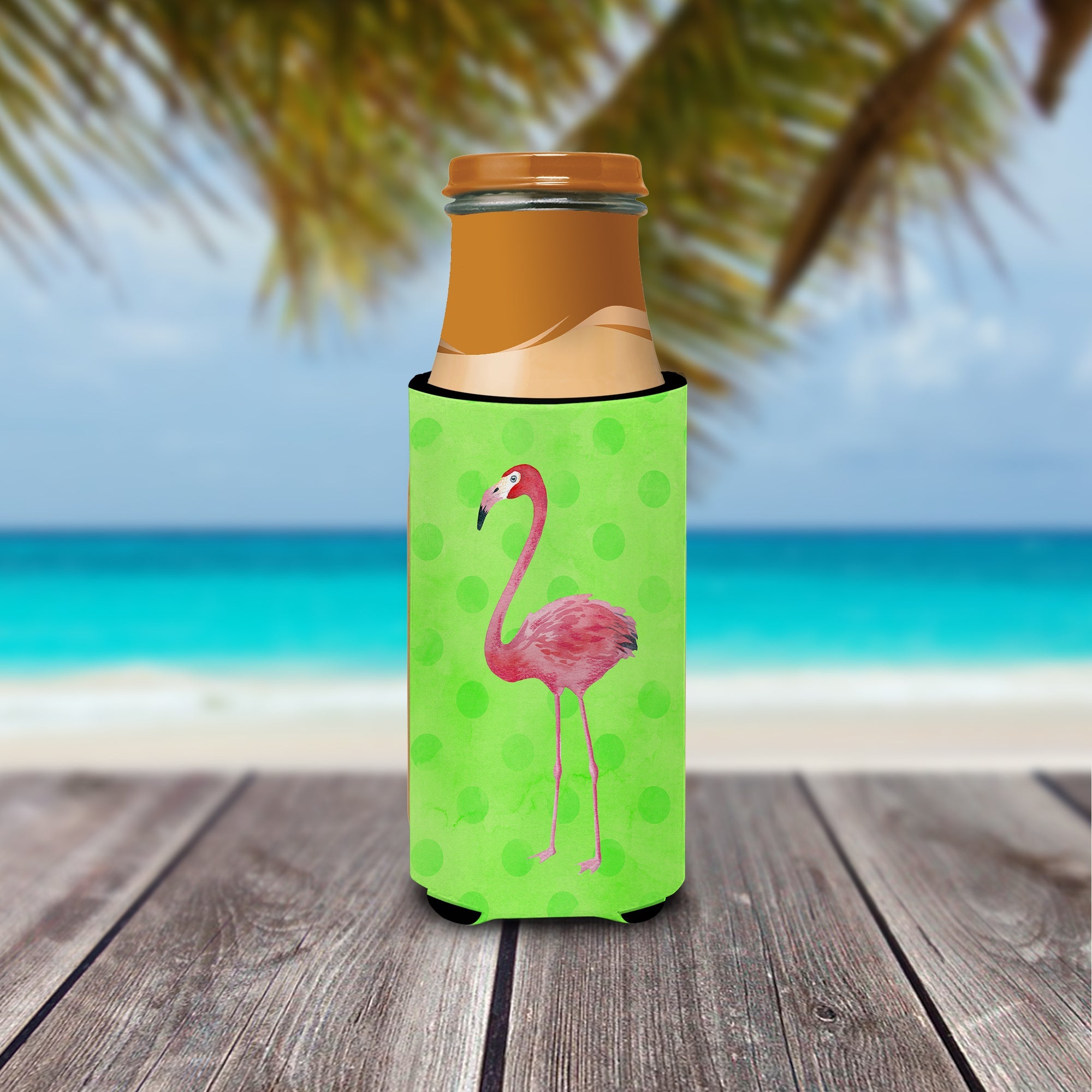 Flamingo Green Polkadot Slim Can Hugger , Insulated Foam Hugger for 12 oz Slim Cans, Beer Bottles & Water Bottles, Printed in USA