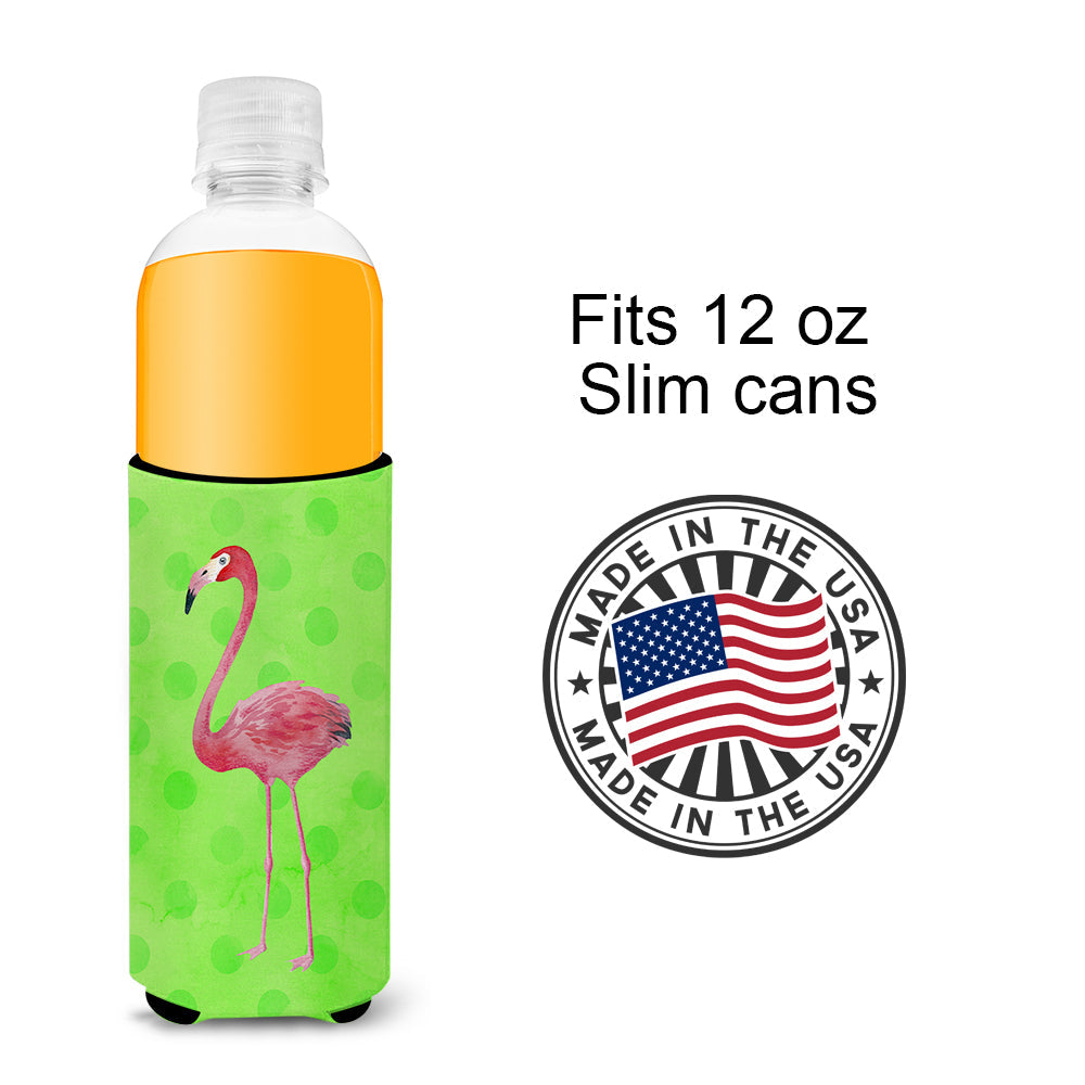 Flamingo Green Polkadot Slim Can Hugger , Insulated Foam Hugger for 12 oz Slim Cans, Beer Bottles & Water Bottles, Printed in USA