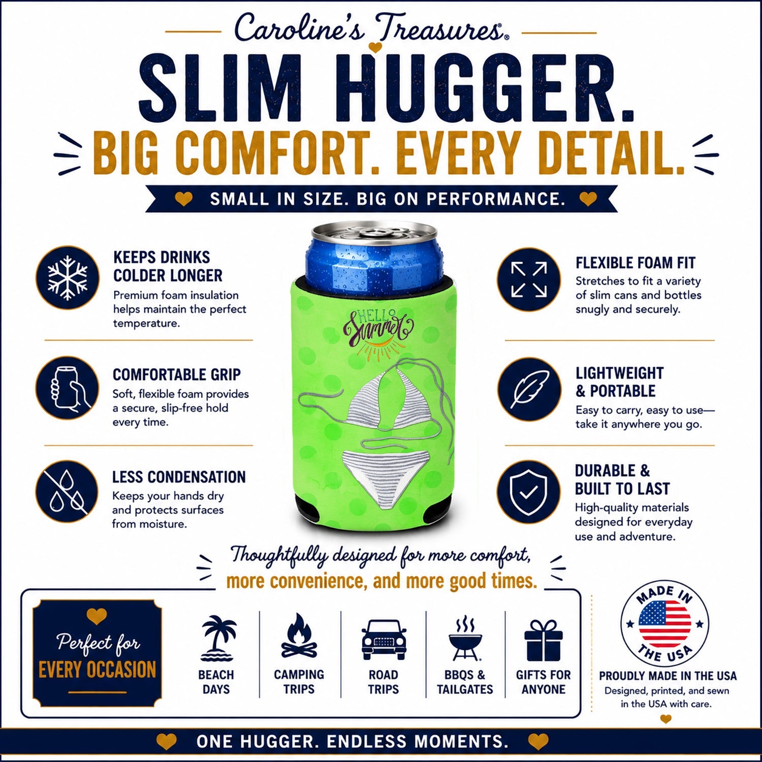 Bikini Swimsuit Green Polkadot Slim Can Hugger  Insulated Foam Sleeve for 12 oz Slim Cans, Beer Bottles & Water Bottles, Made in USA