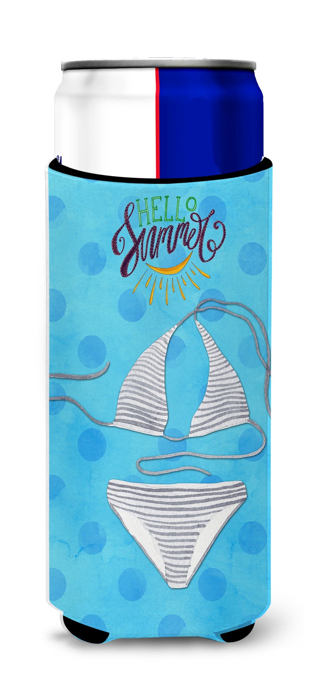 Bikini Swimsuit Blue Polkadot Slim Can Hugger , Insulated Foam Hugger for 12 oz Slim Cans, Beer Bottles & Water Bottles, Printed in USA