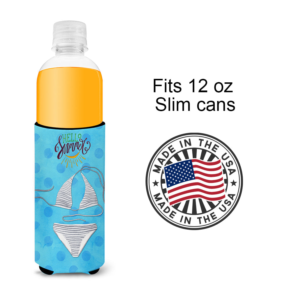 Bikini Swimsuit Blue Polkadot Slim Can Hugger , Insulated Foam Hugger for 12 oz Slim Cans, Beer Bottles & Water Bottles, Printed in USA
