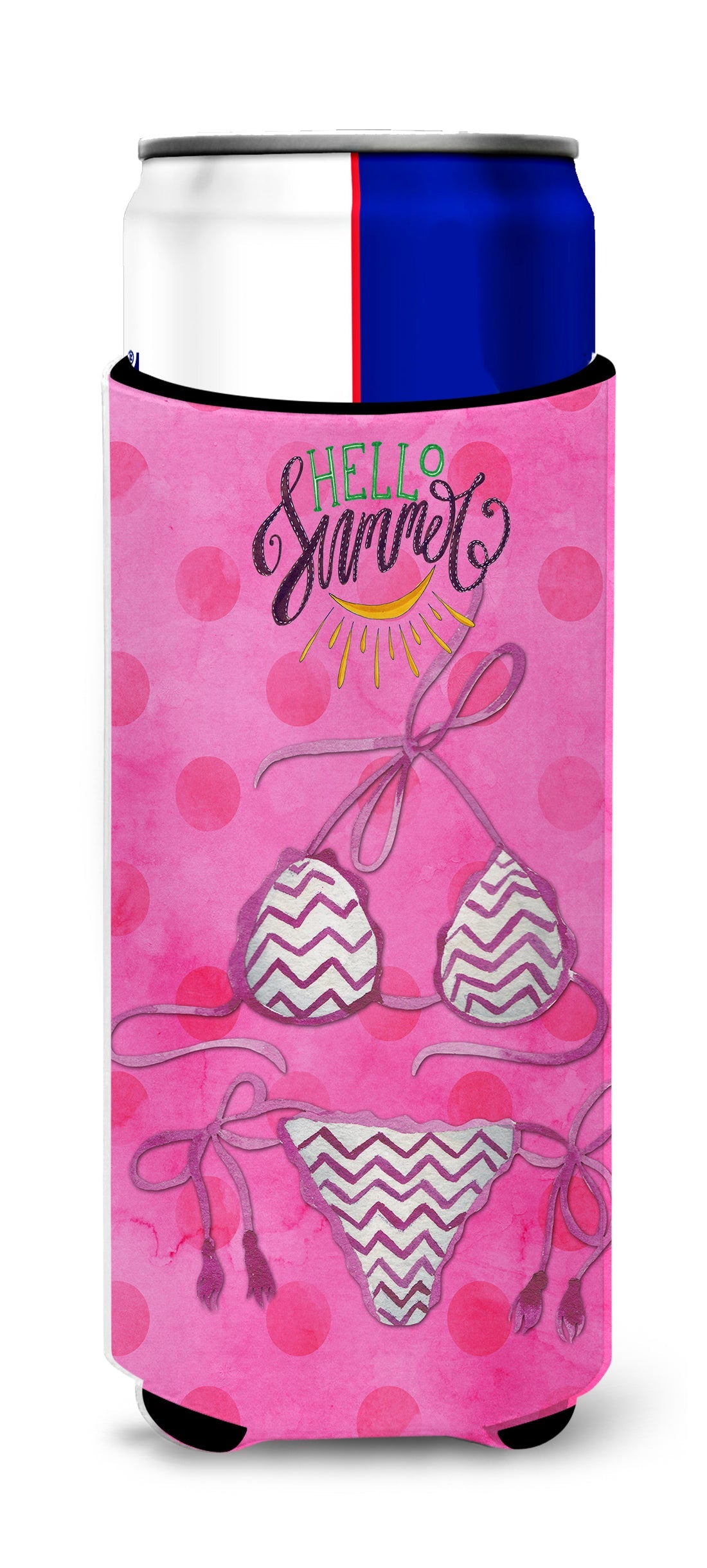 Bikini Swimsuit Pink Polkadot Slim Can Hugger , Insulated Foam Hugger for 12 oz Slim Cans, Beer Bottles & Water Bottles, Printed in USA