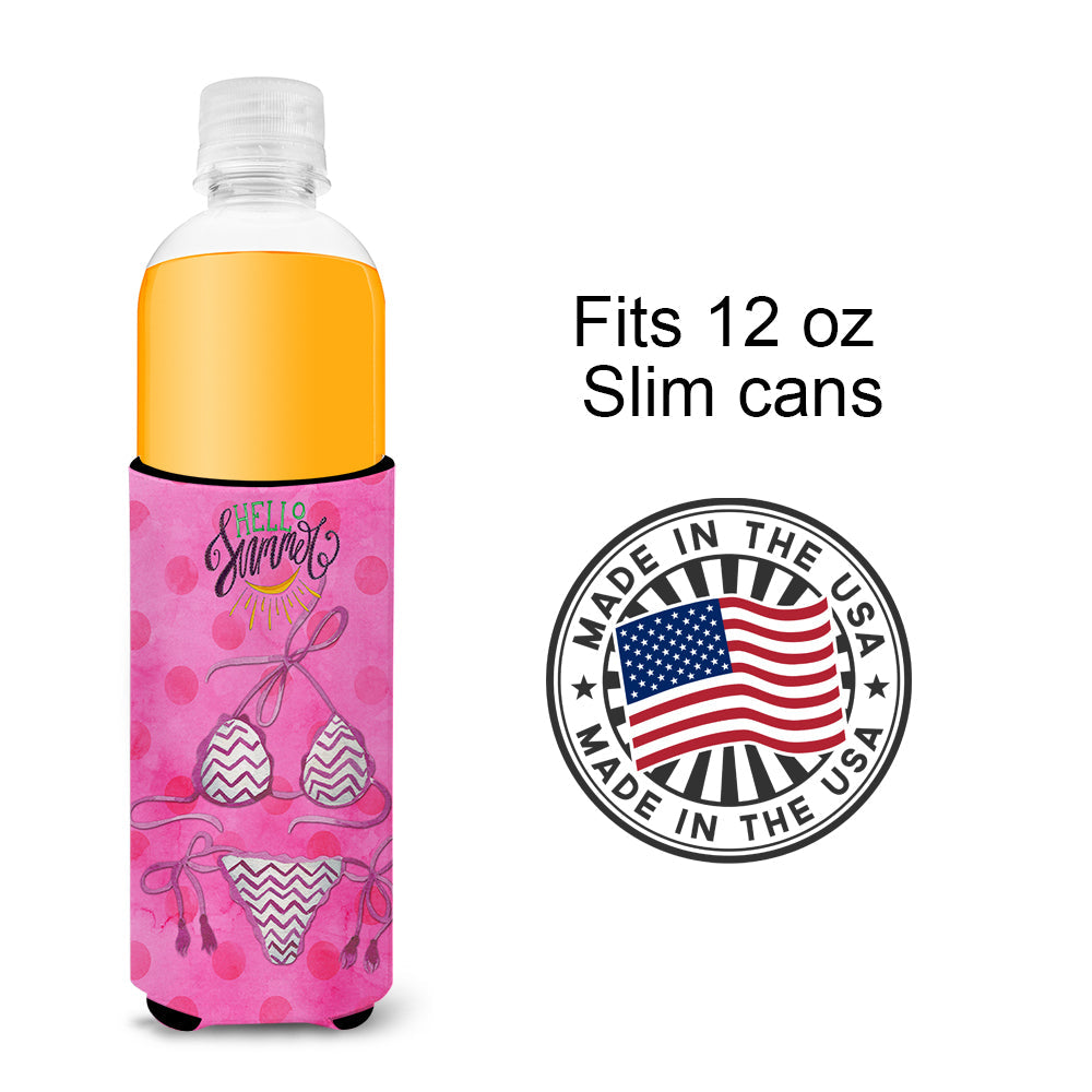 Bikini Swimsuit Pink Polkadot Slim Can Hugger , Insulated Foam Hugger for 12 oz Slim Cans, Beer Bottles & Water Bottles, Printed in USA