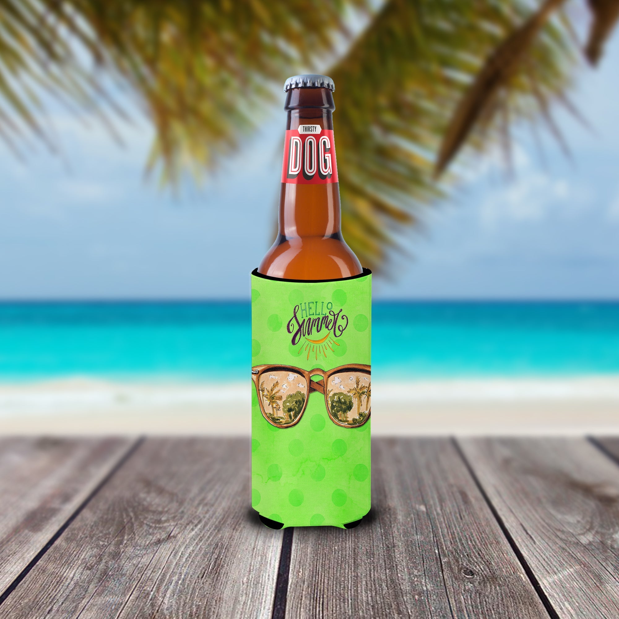 Beach Sunglasses Green Polkadot Slim Can Hugger , Insulated Foam Hugger for 12 oz Slim Cans, Beer Bottles & Water Bottles, Printed in USA