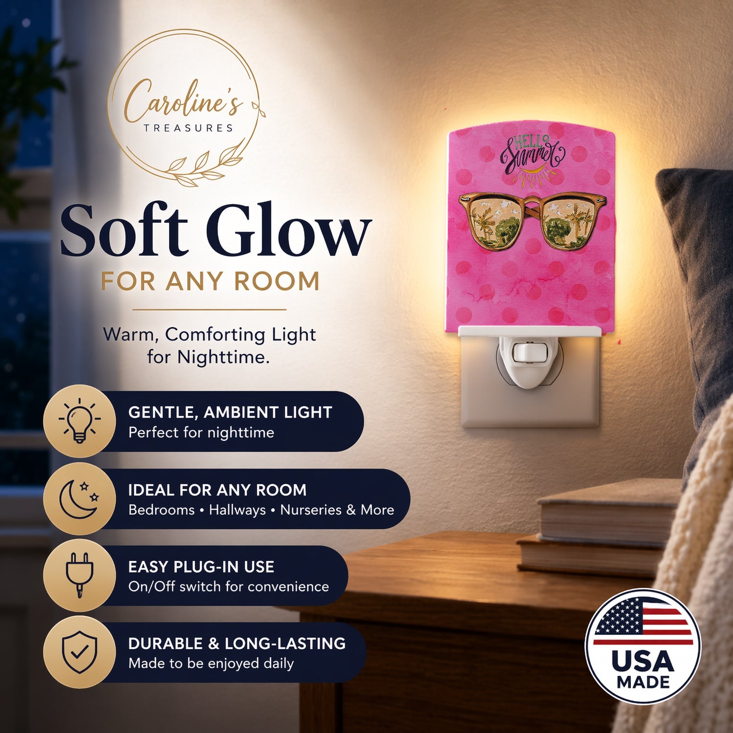 Beach Sunglasses Pink Polkadot Ceramic Night Light Compact, UL-Certified, Ideal for Bedroom, Bathroom, Nursery, Hallway, Kitchen, 6x4x3, Multicolor