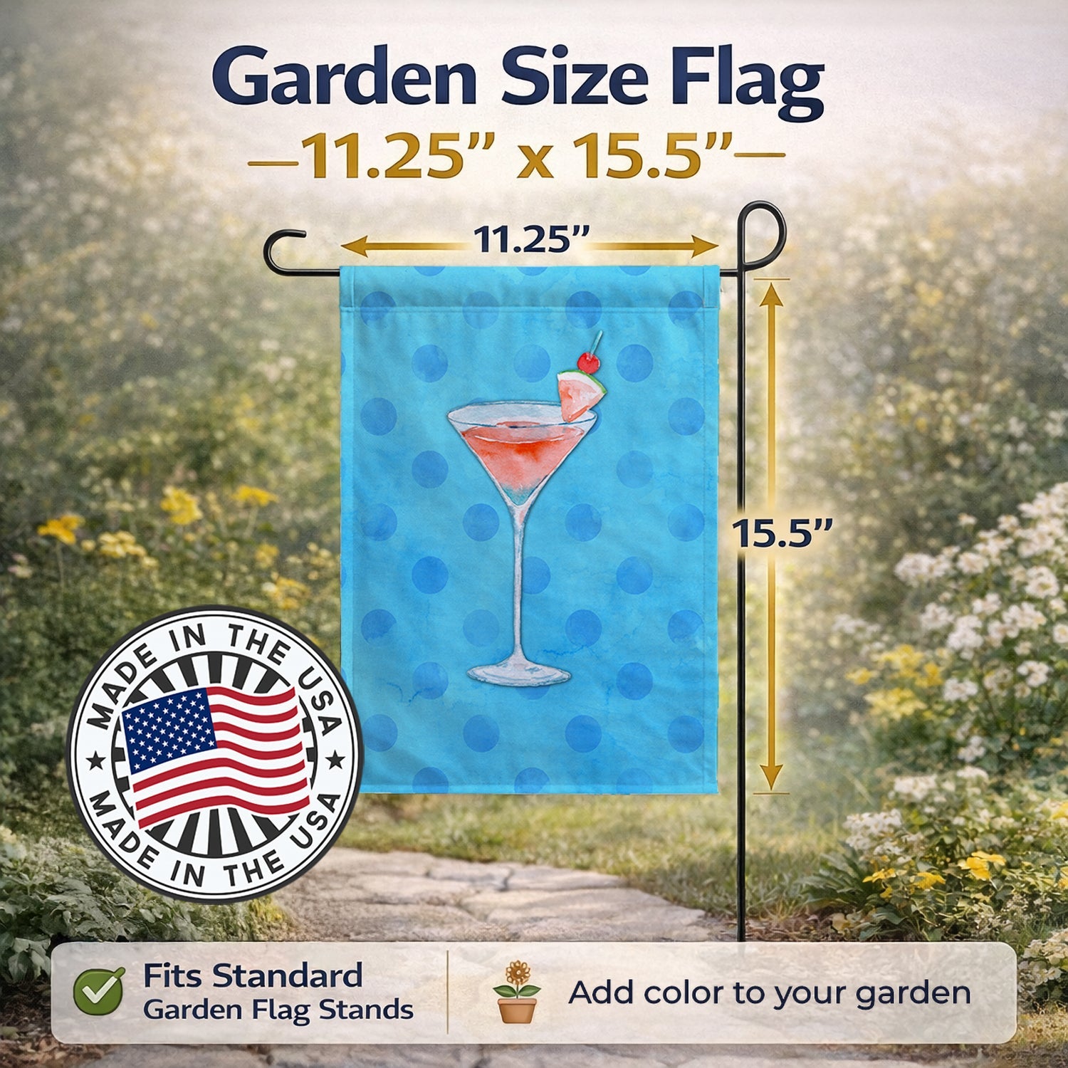 Summer Martini Blue Polkadot Garden Flag Mailbox Decorative Yard Banner Outside Patio Artwork for Flower Beds, Garden Size, Multicolor