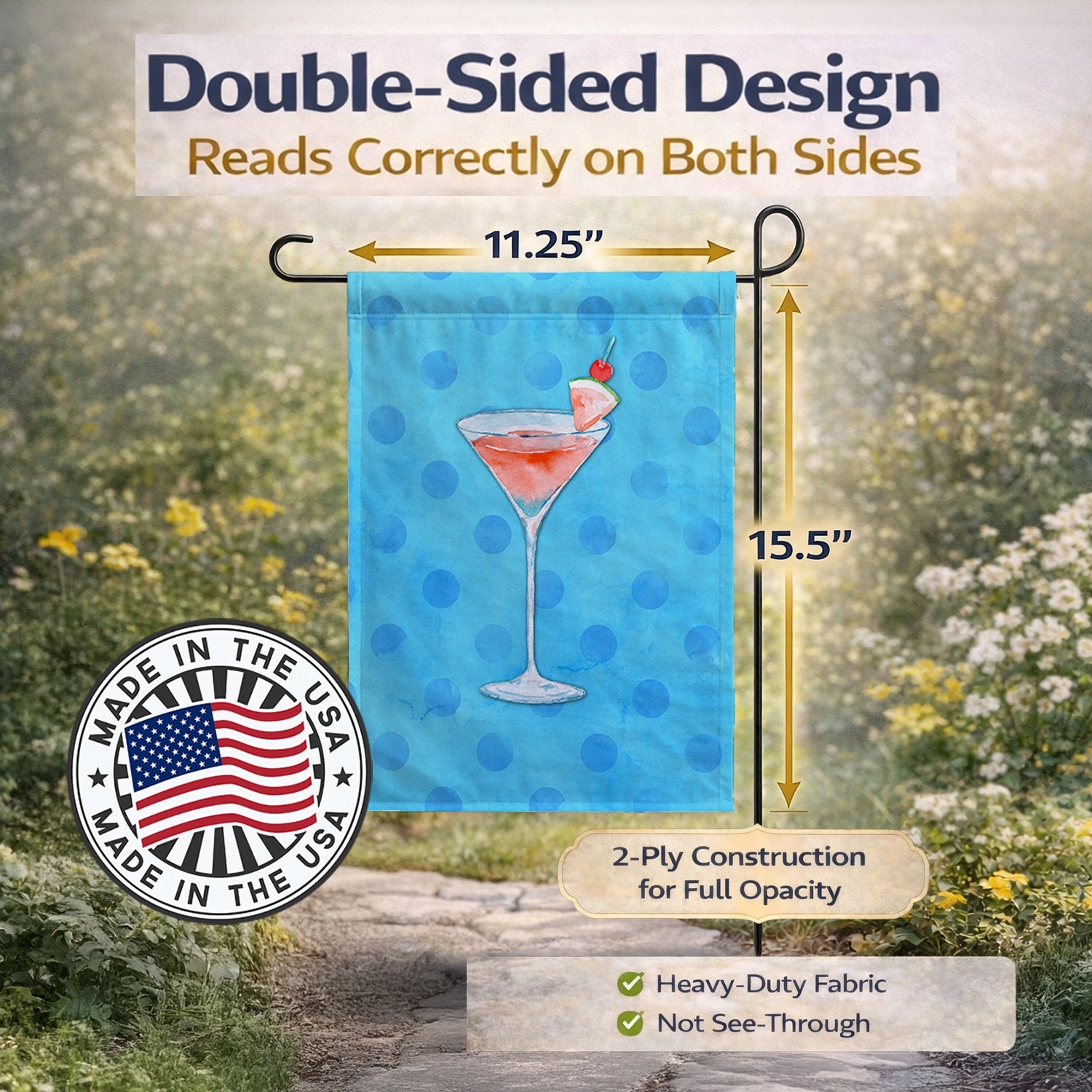 Summer Martini Blue Polkadot Garden Flag Mailbox Decorative Yard Banner Outside Patio Artwork for Flower Beds, Garden Size, Multicolor