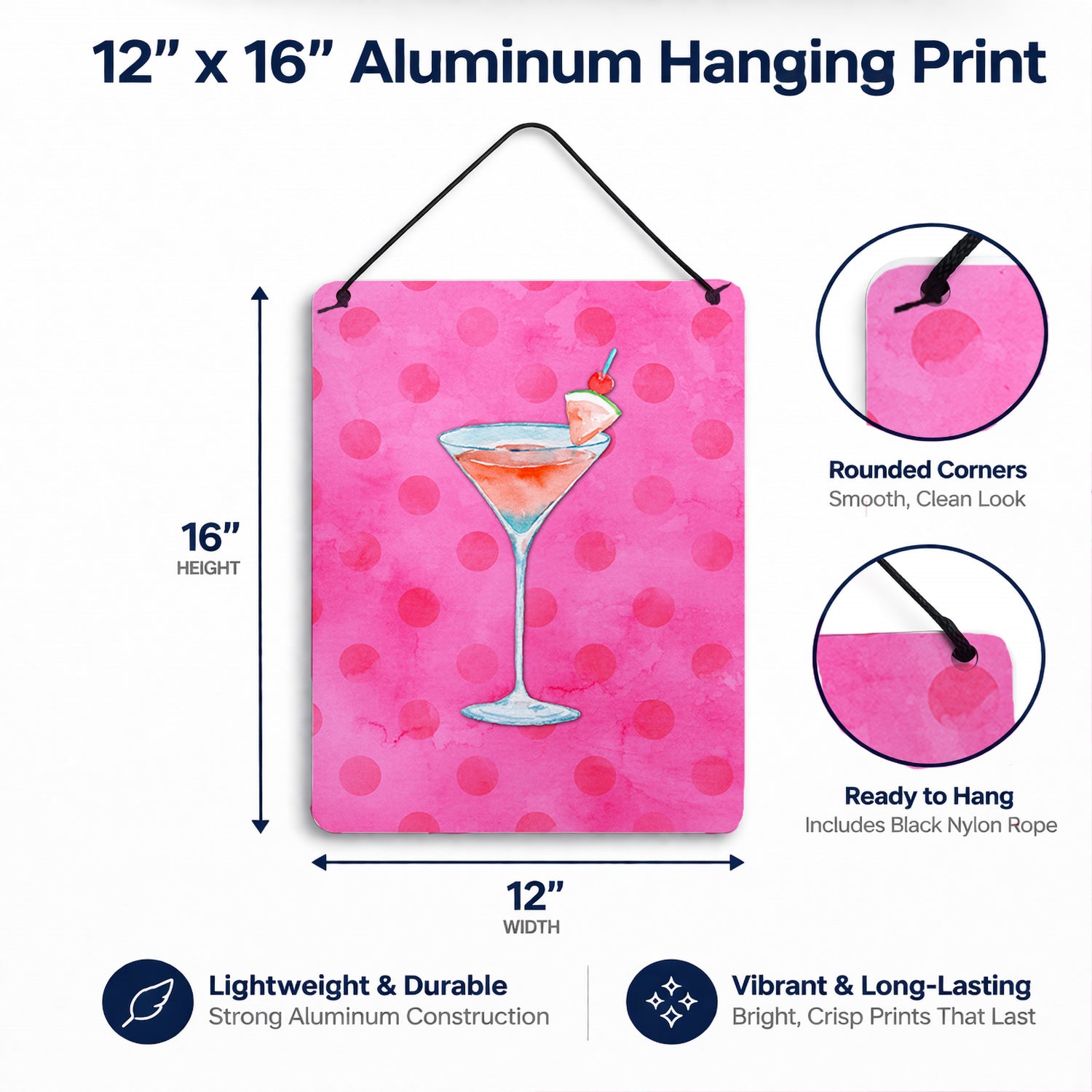 Summer Martini Pink Polkadot Wall or Door Hanging Prints Aluminum Metal Sign Kitchen Wall Bar Bathroom Plaque Home Decor Front Door Plaque, 12x16, Multicolor