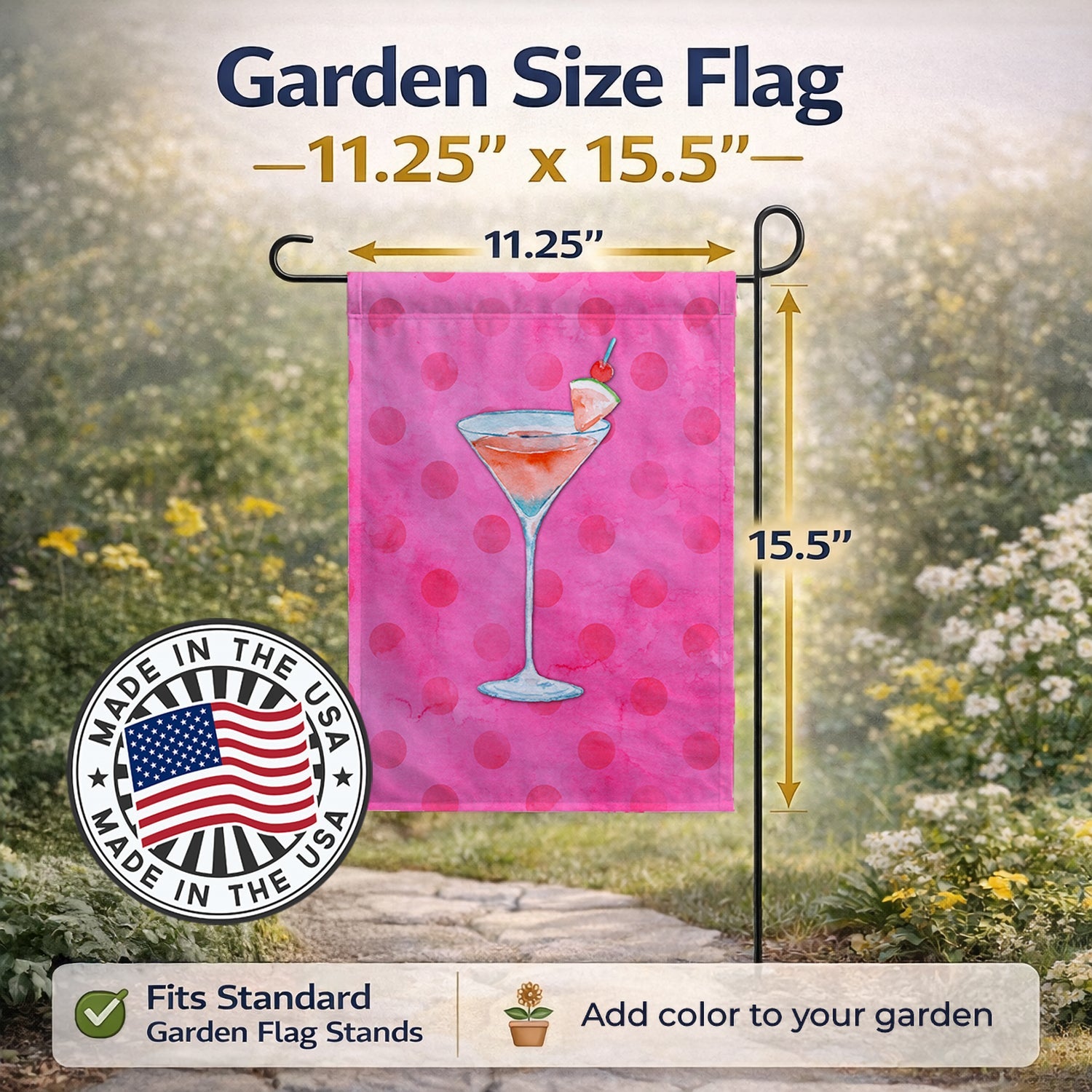 Summer Martini Pink Polkadot Garden Flag Mailbox Decorative Yard Banner Outside Patio Artwork for Flower Beds, Garden Size, Multicolor