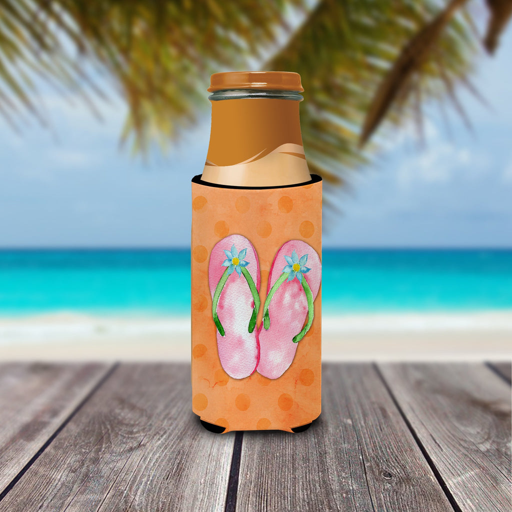 Pink Flip Flops Orange Polkadot Slim Can Hugger , Insulated Foam Hugger for 12 oz Slim Cans, Beer Bottles & Water Bottles, Printed in USA