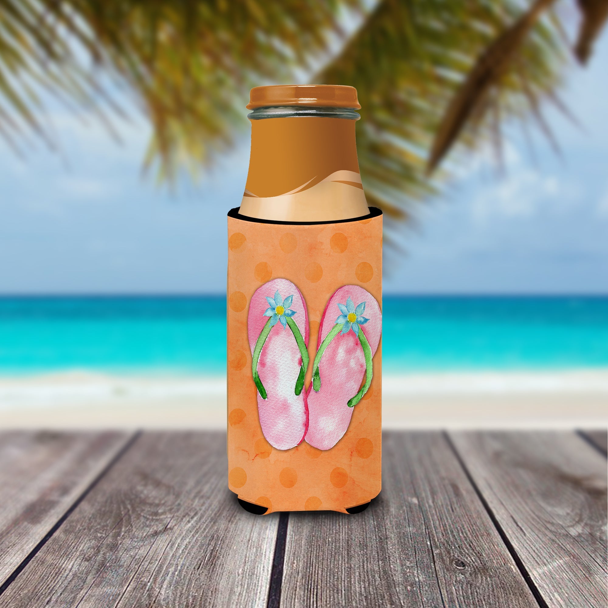 Pink Flip Flops Orange Polkadot Slim Can Hugger , Insulated Foam Hugger for 12 oz Slim Cans, Beer Bottles & Water Bottles, Printed in USA