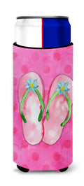Pink Flip Flops Pink Polkadot Slim Can Hugger , Insulated Foam Hugger for 12 oz Slim Cans, Beer Bottles & Water Bottles, Printed in USA