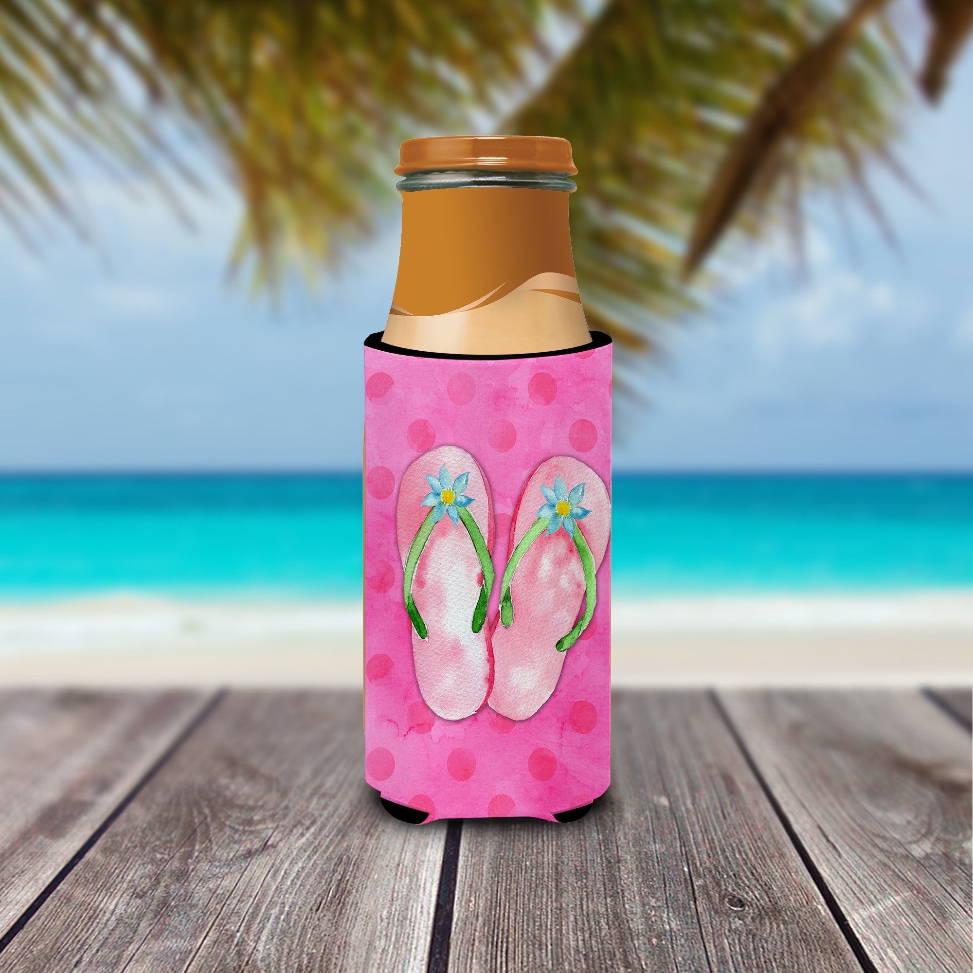 Pink Flip Flops Pink Polkadot Slim Can Hugger , Insulated Foam Hugger for 12 oz Slim Cans, Beer Bottles & Water Bottles, Printed in USA