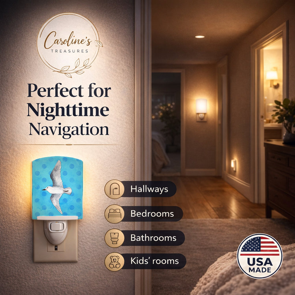 Sea Gull Blue Polkadot Ceramic Night Light Compact, UL-Certified, Ideal for Bedroom, Bathroom, Nursery, Hallway, Kitchen, 6x4x3, Multicolor